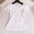 Women's Summer White Bow Rhinestone Hollow Lace Knit Short Sleeve Top T-Shirt #74474