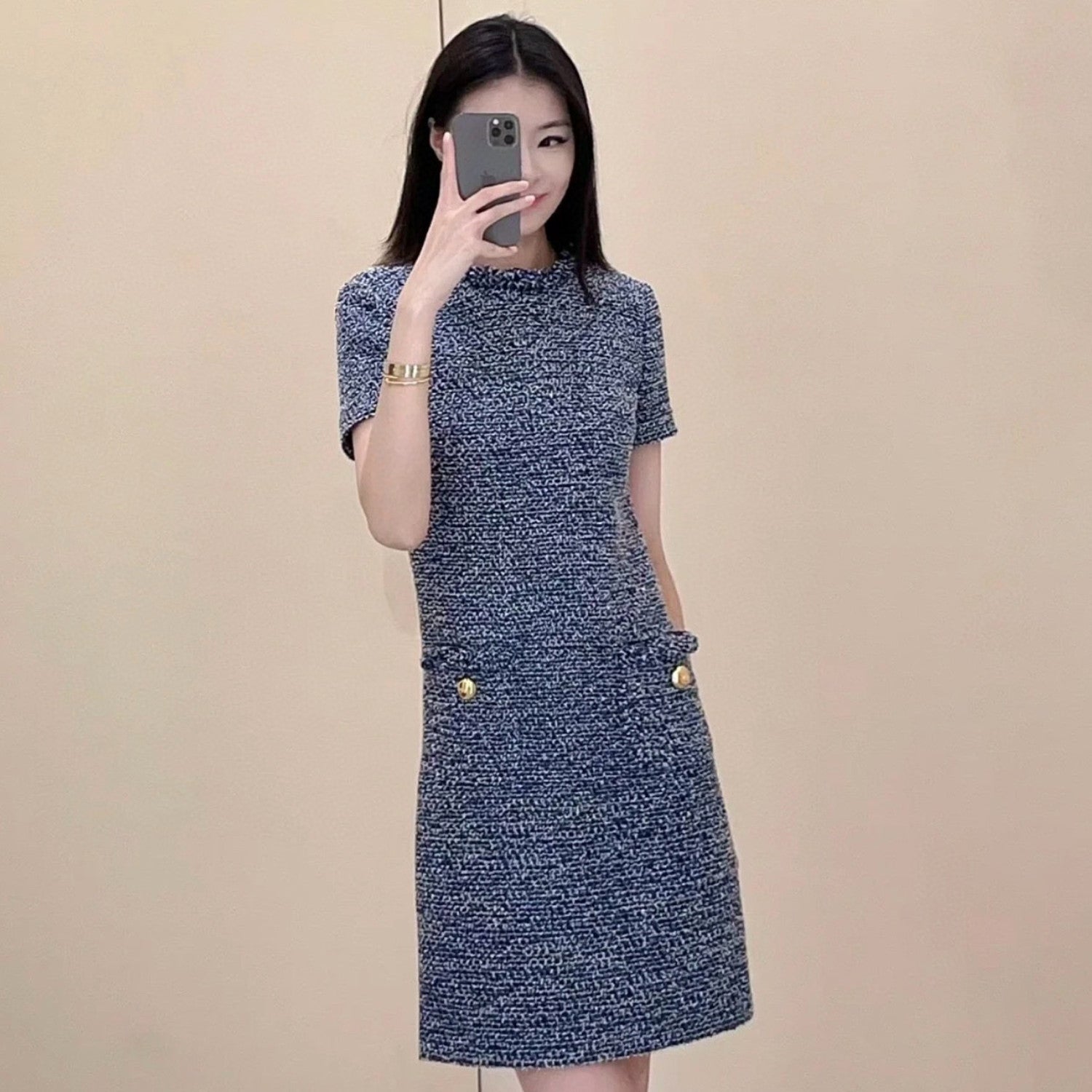 Women's Spring And Summer Fashion Tweed Round Neck Dress Buttons Fit Casual Elegant Short-sleeved Dresses Ngvp #8938