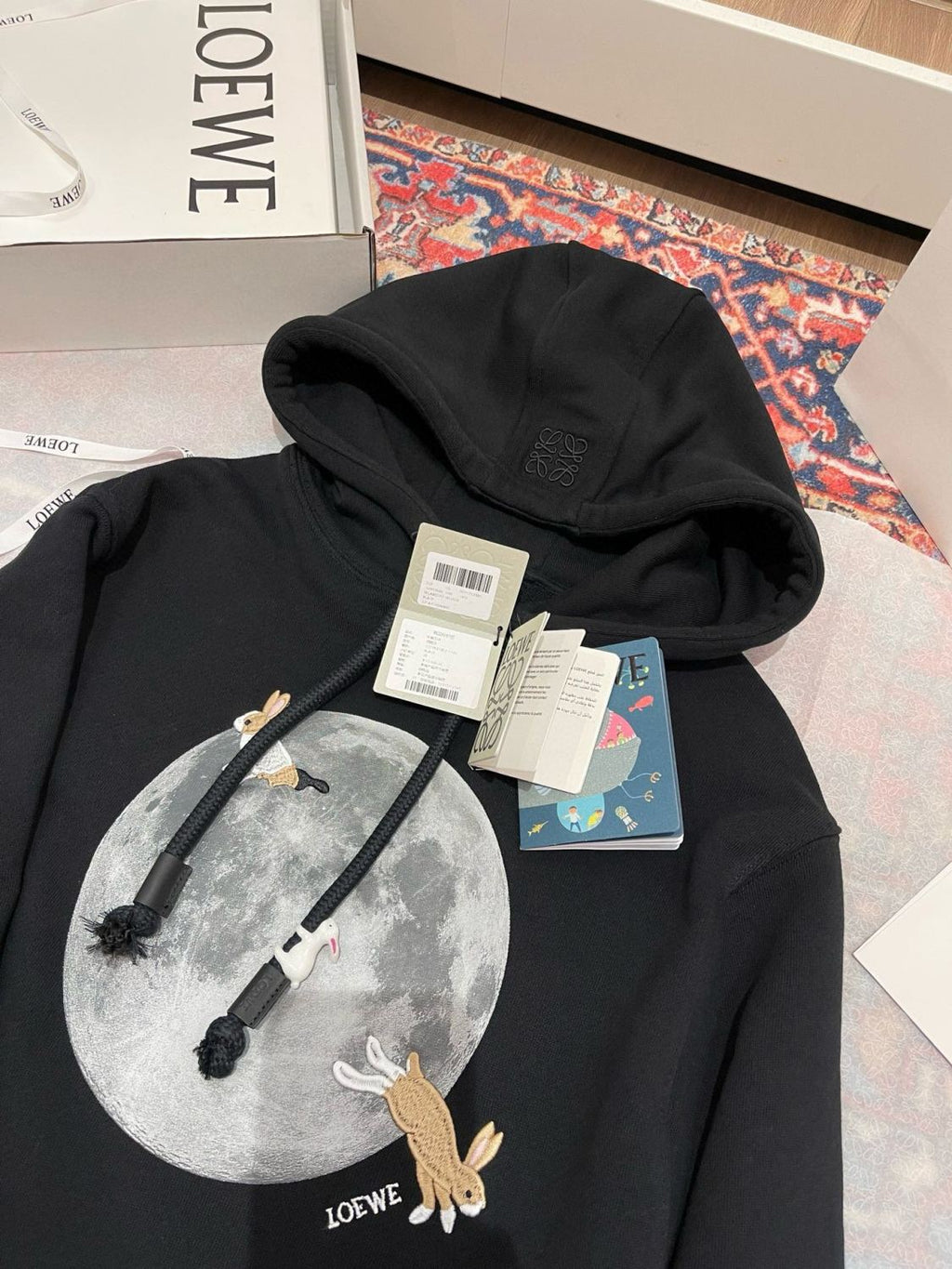 Women's Spring and Autumn Moon Print Black Hooded Drawstring Long Sleeve Sweatshirt #74569