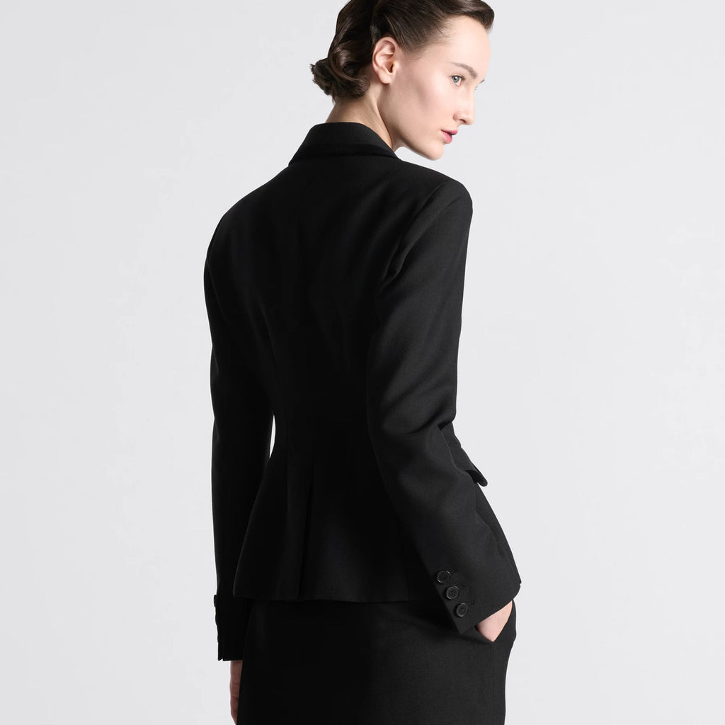 Women's Spring and Autumn Wool Velvet Trim Waisted Suit Lapel Double Breasted Black Jacket Ngvp #8924