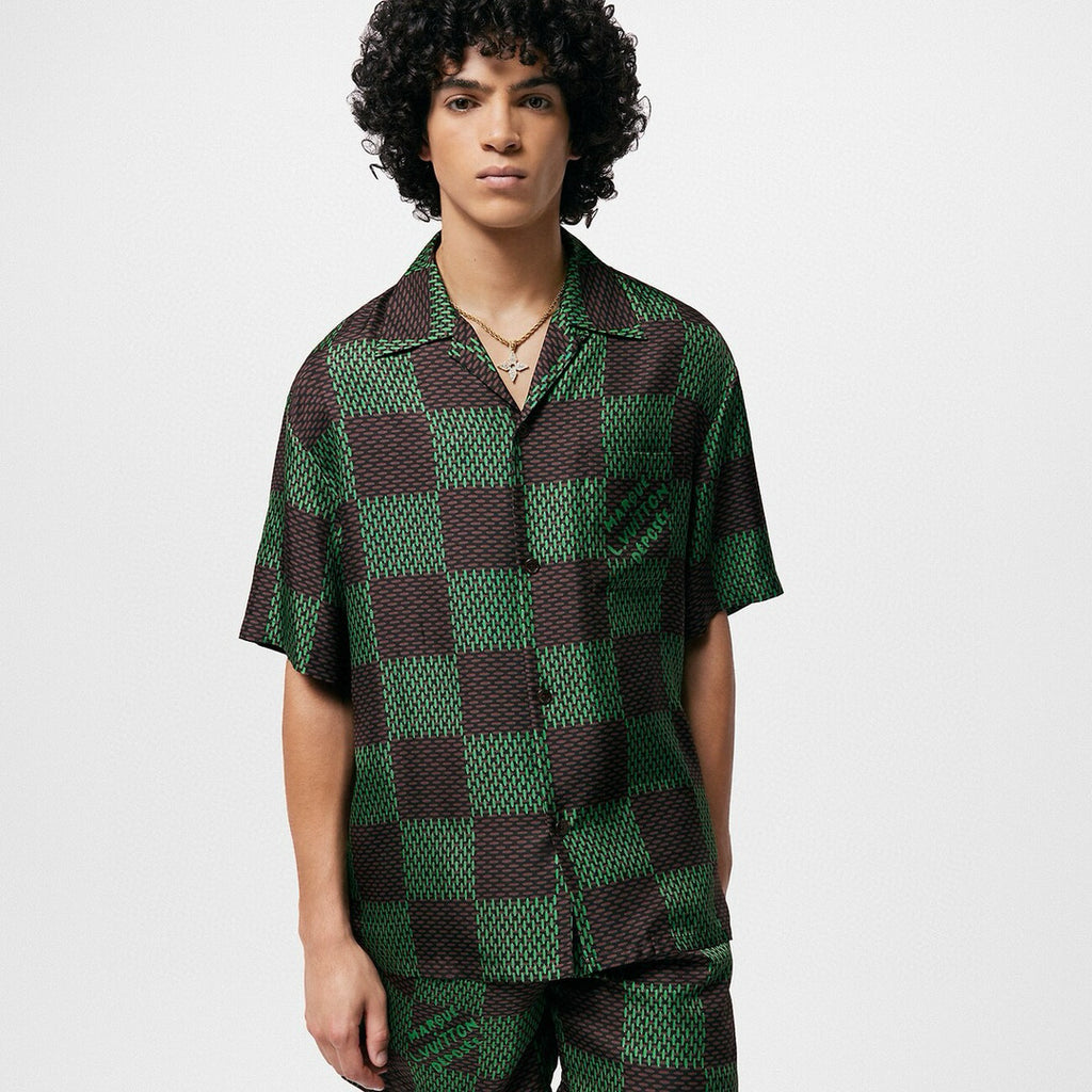 Men's Summer Green Checkerboard Logo Pattern Single Breasted Loose Short Sleeved Shirt High Waisted Elastic Leisure Shorts Pants Sei Suit #98616