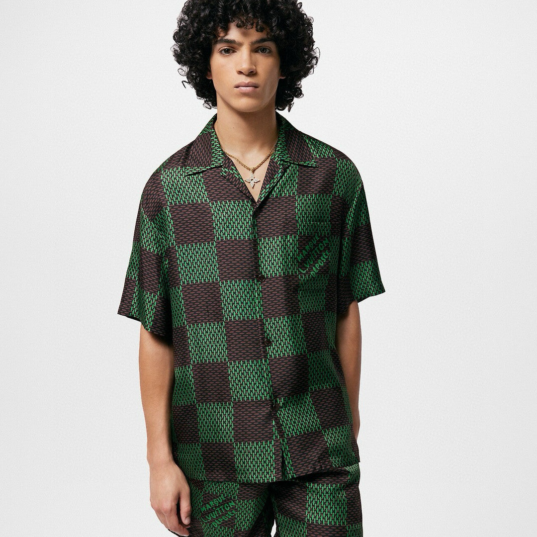 Men's Summer Green Checkerboard Logo Pattern Single Breasted Loose Short Sleeved Shirt High Waisted Elastic Leisure Shorts Pants Sei Suit #98616