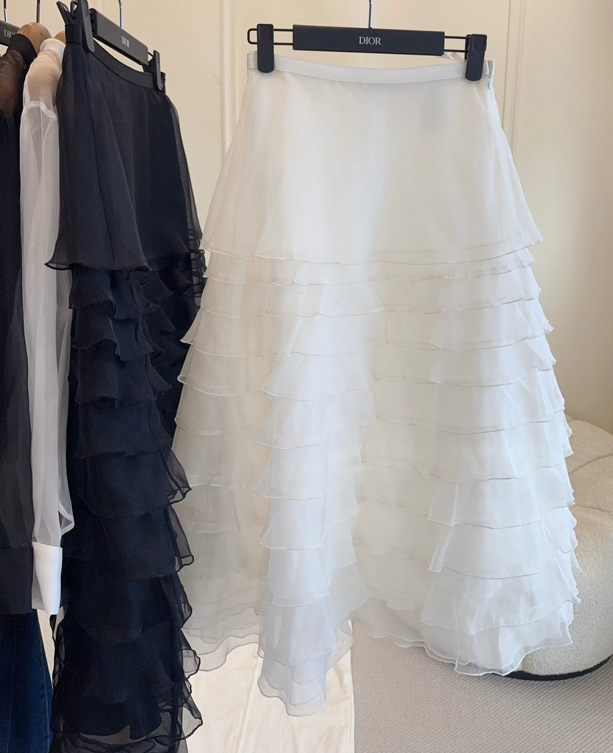 Women's Spring/summer Organza Ruffled Midi Skirt Black & White Solid Color Fashionable Elegant Delicate Skirt #82137A