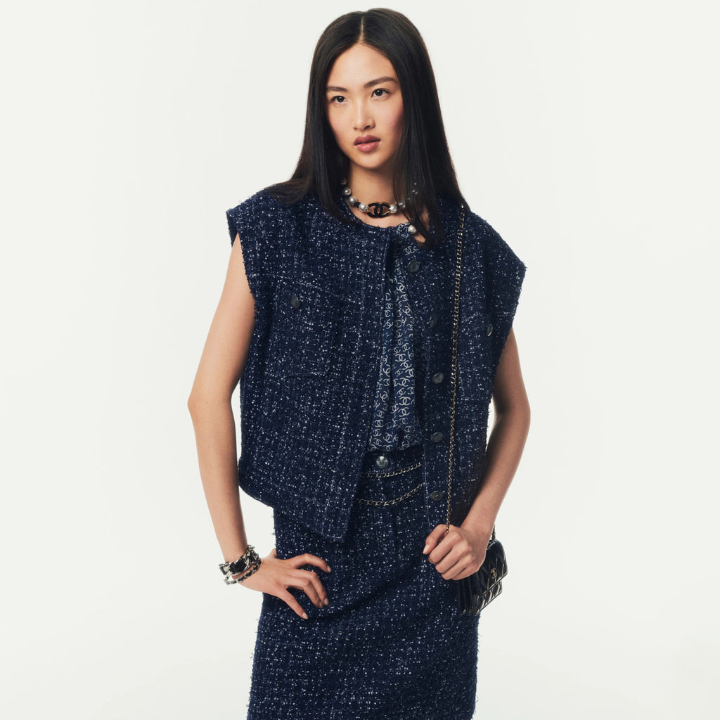 Women's Spring And Summer Sequins Tweed Single-Breasted Solid Color Round Neck Sleeveless Vest Ngvp #1933