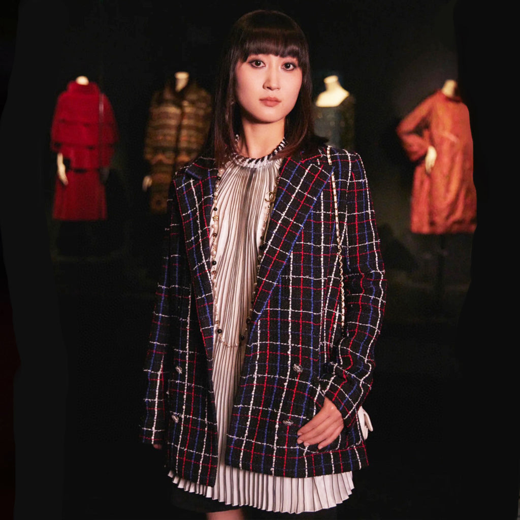 Women's Spring And Autumn Plaid Cotton Tweed Lapel Casual Fashion Long Sleeve Slim Tweed Jacket Ngvp #9127