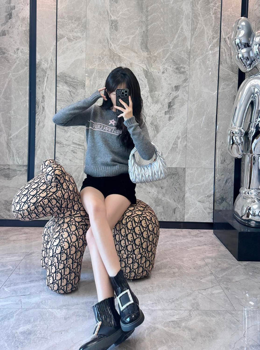 Women's Autumn And Winter Jacquard Knit Sweater Gray Pink 100% Cashmere Fabric With Logo Round Neck Long Sleeve Pullover Knitted Sweater #71784