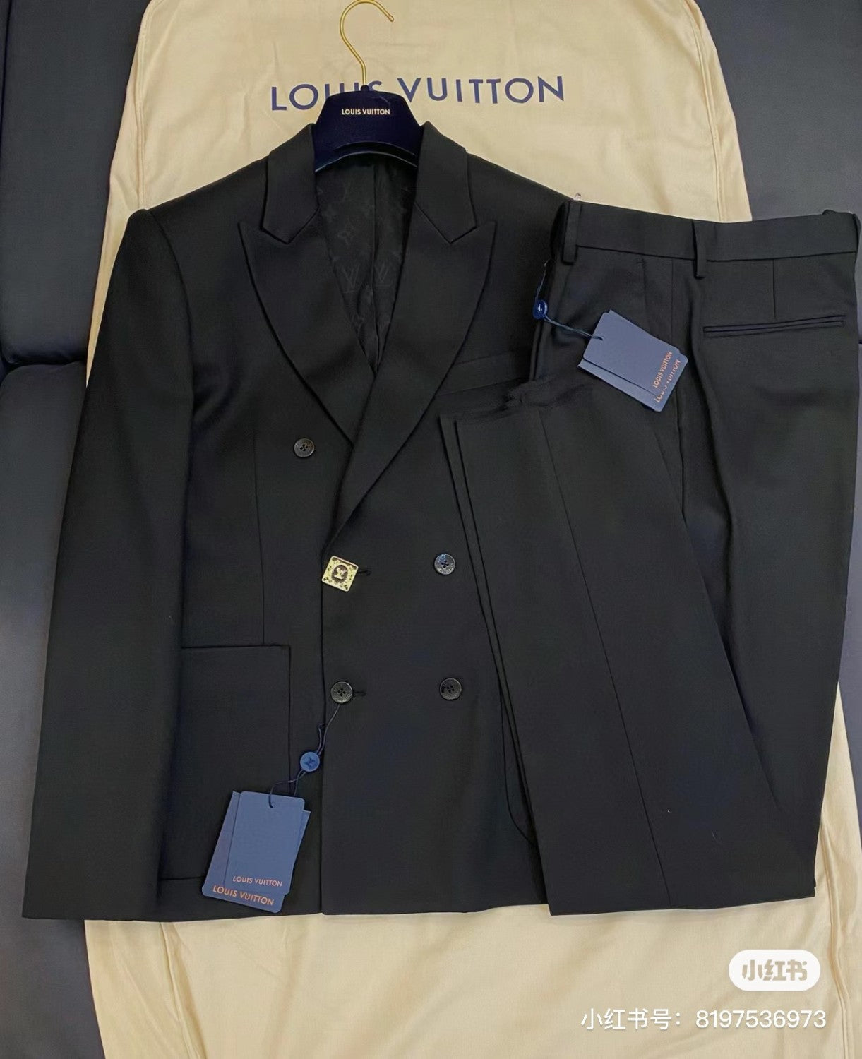 Men's Spring And Fall Black Wool Twill Double Breasted Blazer Jacket Casual Pants Suit Set #98626
