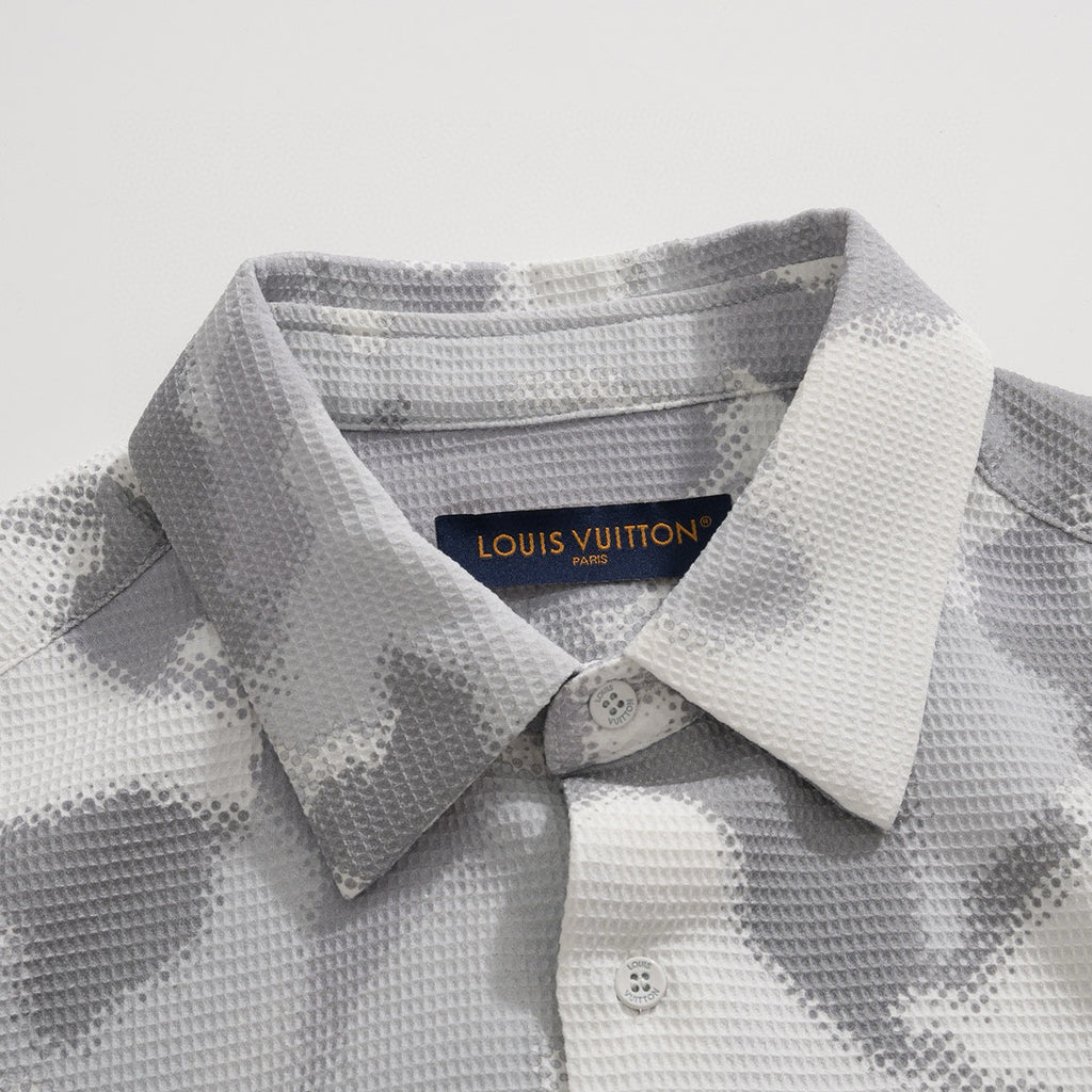 Men's Gray Summer Cotton Blend Single Breasted Camouflage Short Sleeve Fitted Shirt Ngvp #8211