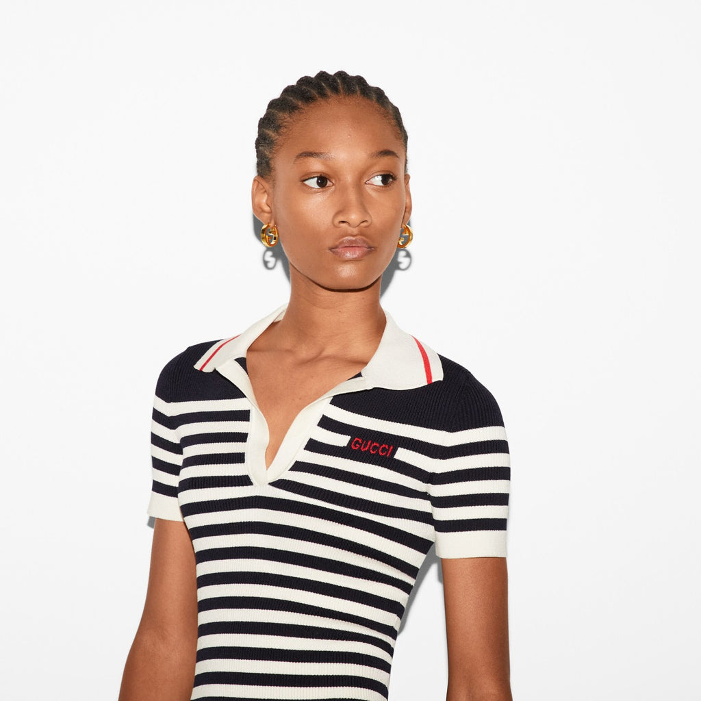 Women's Spring And Summer Striped Letter Logo Polo Knit Sweater Fashion Casual Temperament V-neck Short Sleeve T-shirt  #71379