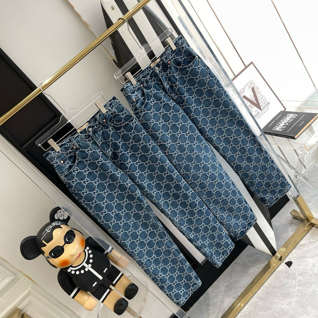 Men's Spring Autumn Blue Letter Print Jacquard Straight Zip Pocket Jeans Pants #99275