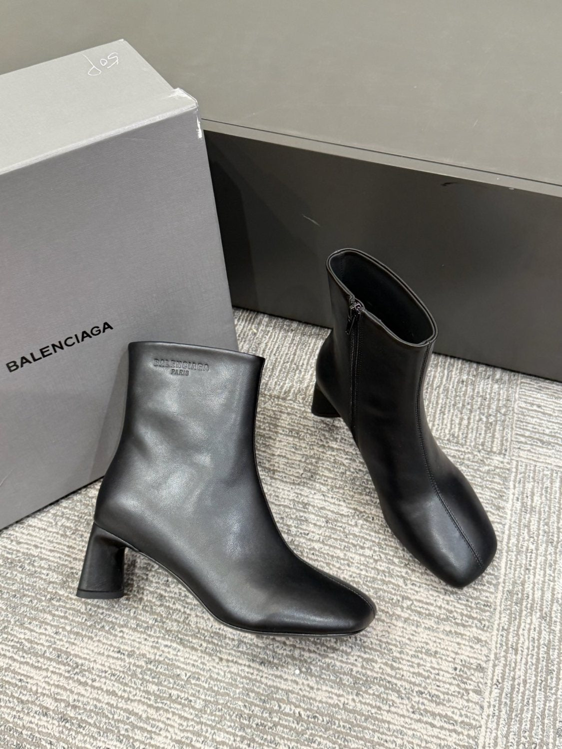 B DUTY FREE Women's Solid Color Letter Print Cowhide Square Toe Chunky Heel Short Boots Shoes #77869