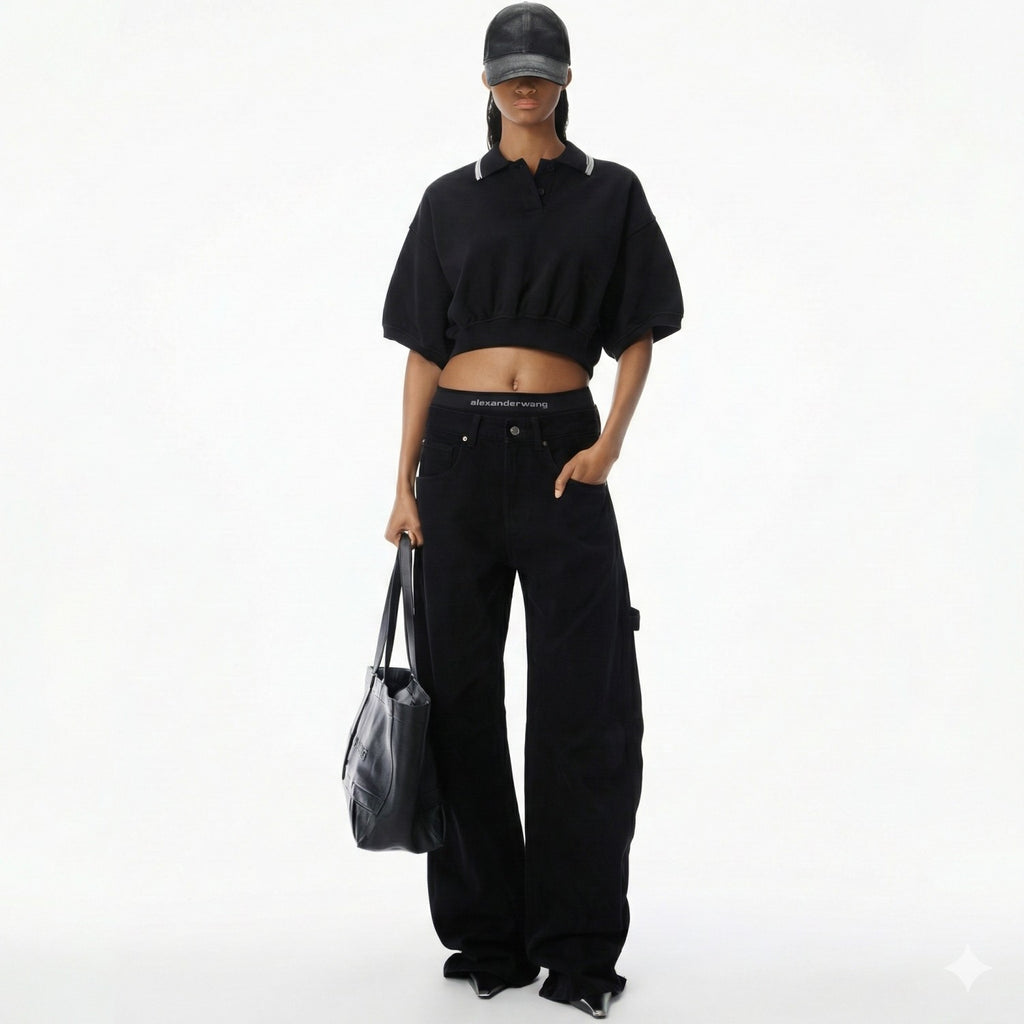 Women's Faux two-piece design Double-layered waistband Curved cut details Workwear-style denim pants #82533A