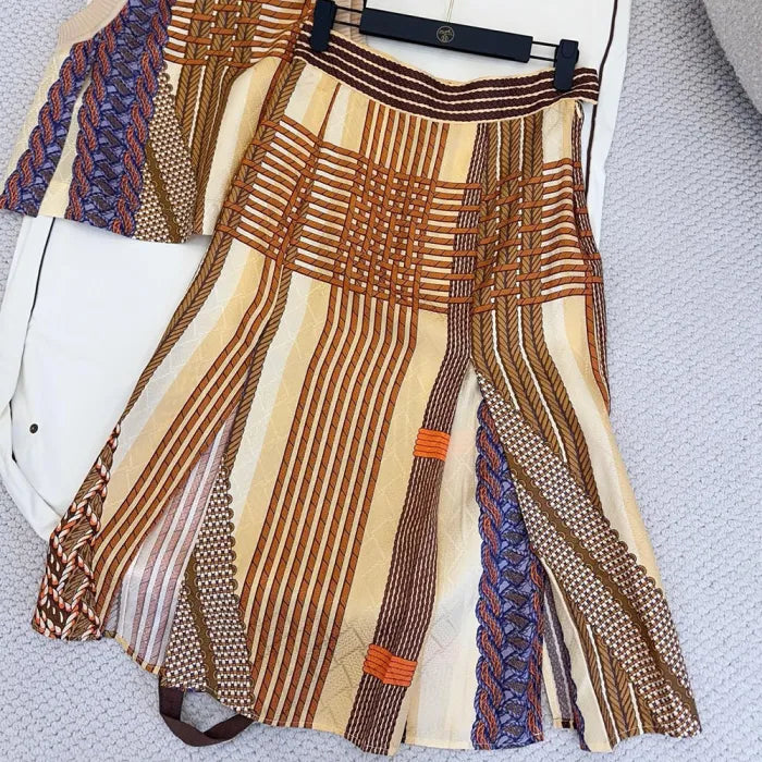 Women's Spring/Summer 2026 Silk printed check pattern Knitted and silk patchwork Shirt dress Suit Set #82539A