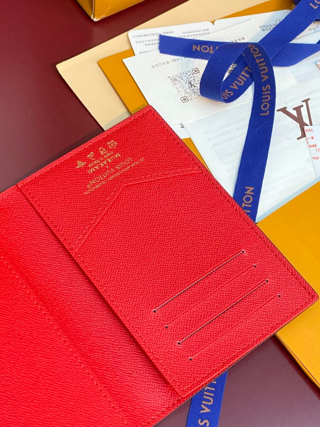 LV x TM Women's Brown Leather Passport Wallet with Cherry Pattern Print Bag Bags #77594