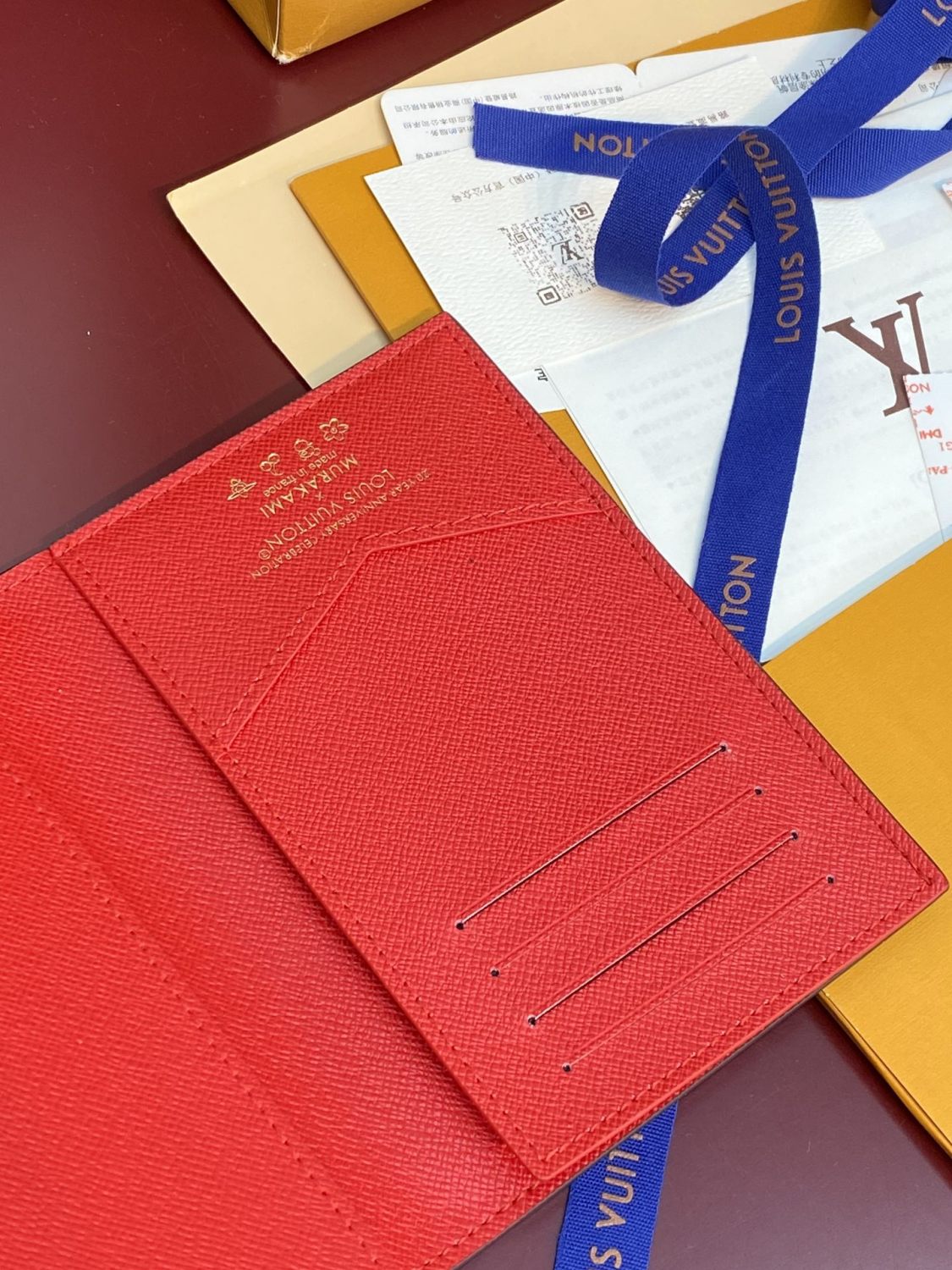 LV x TM Women's Brown Leather Passport Wallet with Cherry Pattern Print Bag Bags #77594