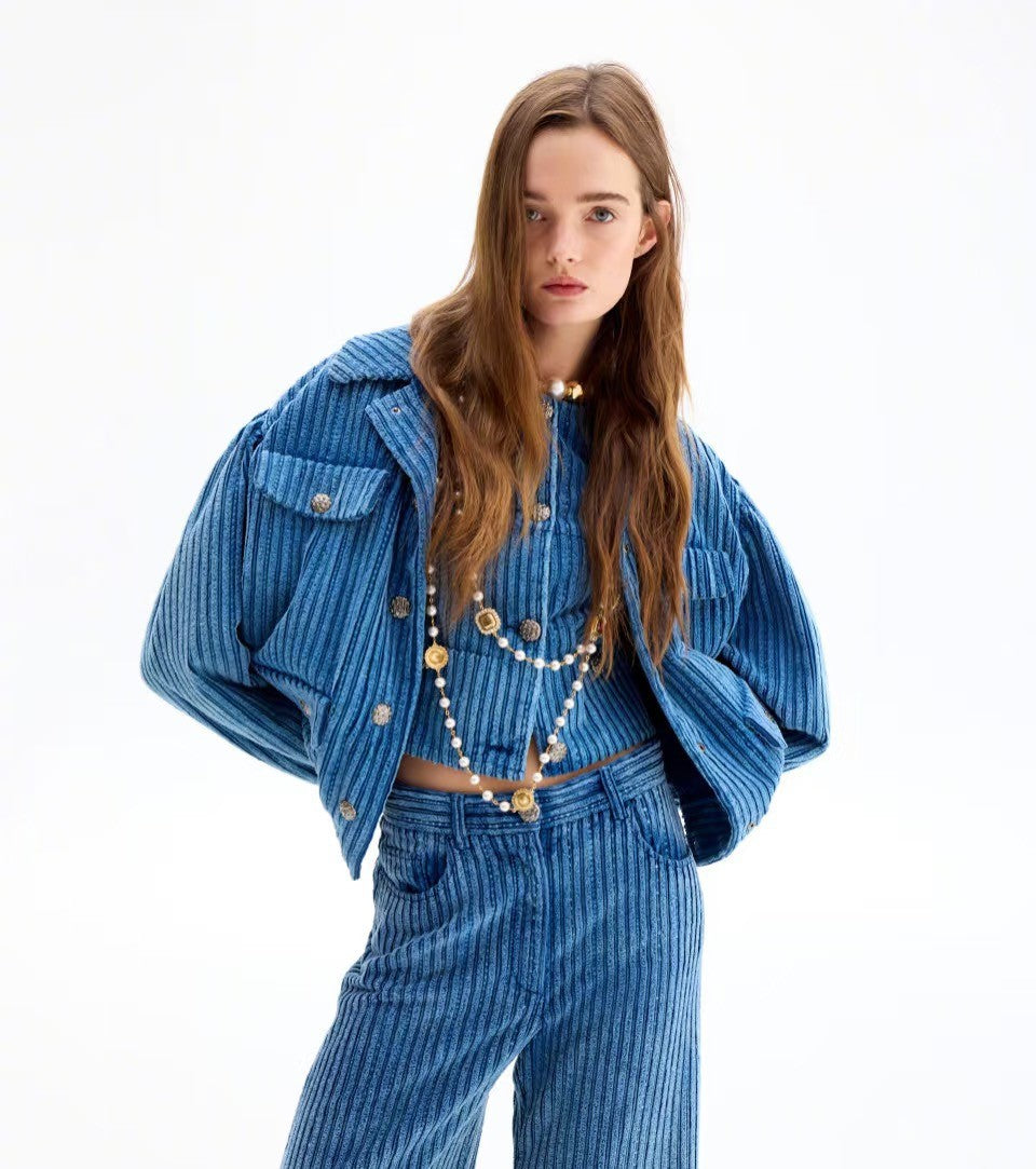 Women's 25K Blue Corduroy Collared Jacket Coat #193903