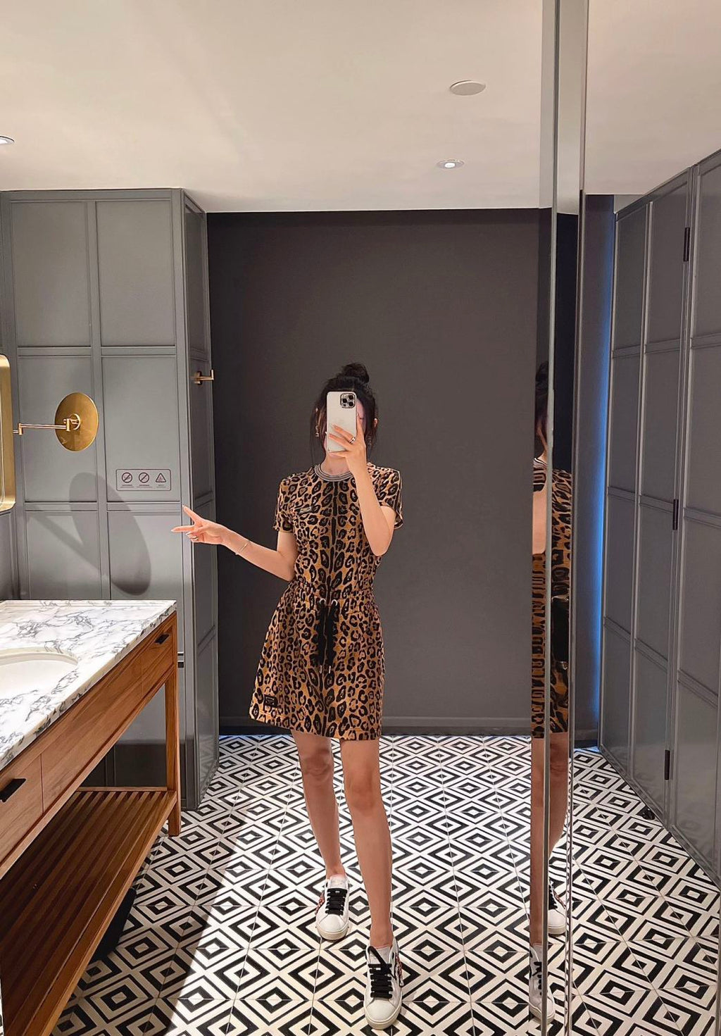 Women's Summer Leopard Crespo Cotton Round Neck Short Sleeve T-Shirt Casual Mini Skirt #71648