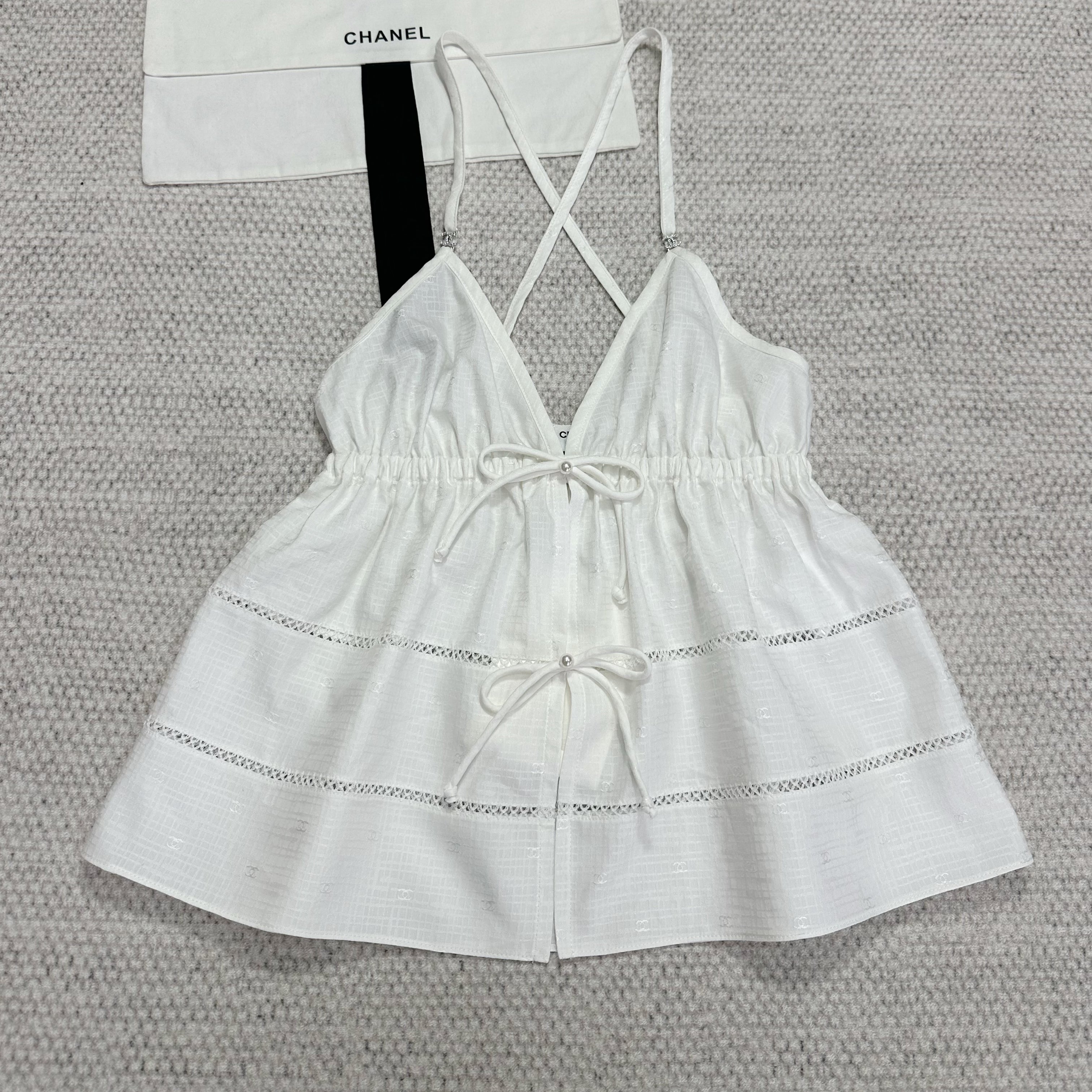 Women's Logo Jacquard Hollowed Out Solid Color Silk Cotton Summer Sleeveless Lace-Up Camisole Top Vest Ngvp #1359