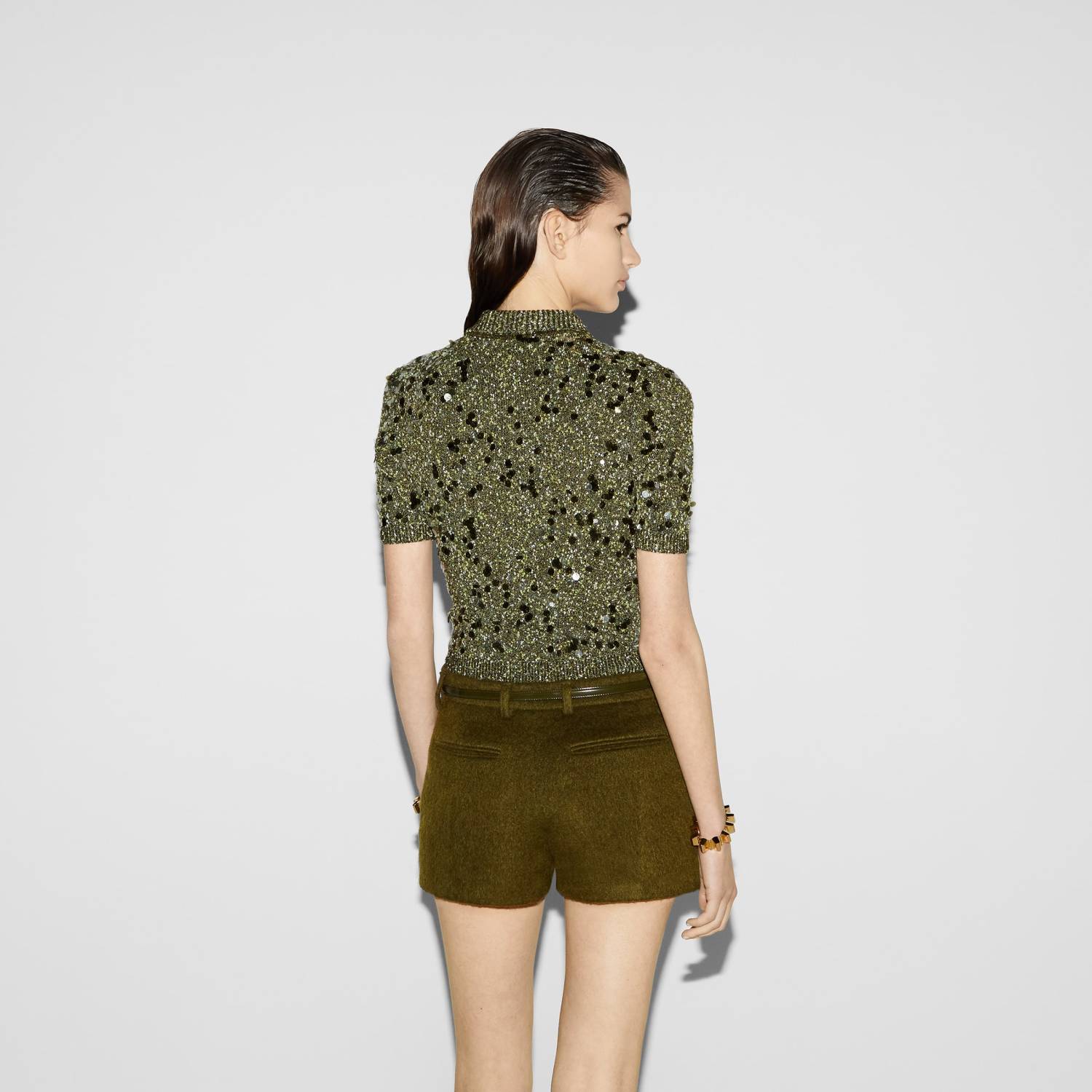 Women's Spring. Summer And Fall Full Print Sequin Embroidery Lapel Knit Short Sleeve Polo Shirt Ngvp #9761