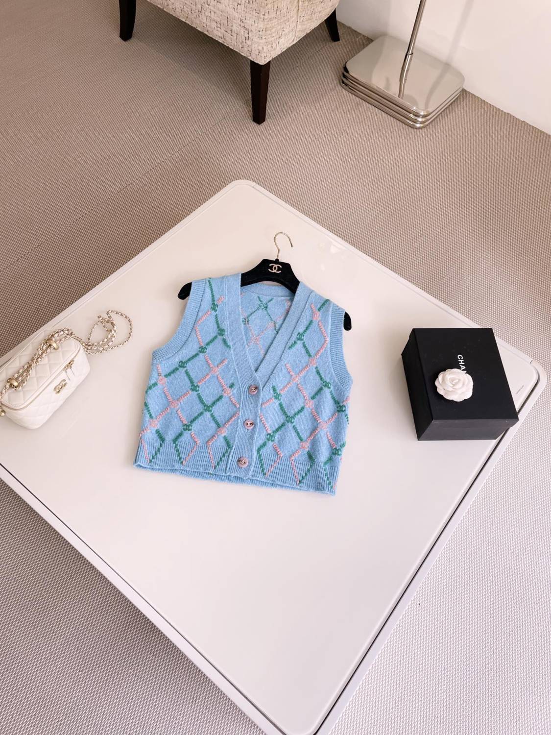 Women's Spring and Autumn Plaid Cashmere Crochet Two-color Knit Single-breasted Vest Jacket #73197