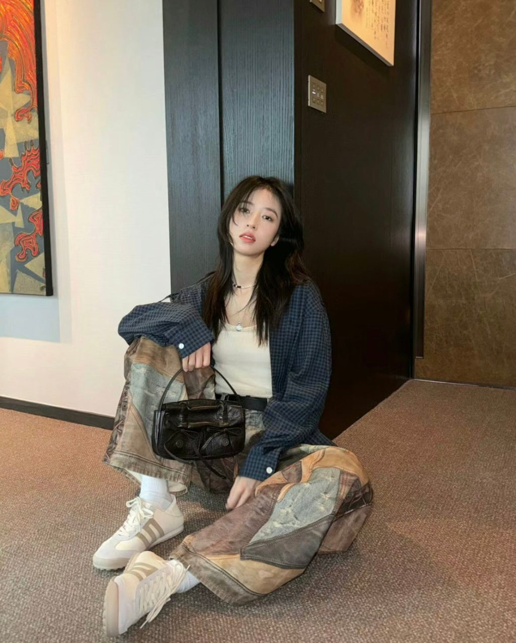 Men's Four Seasons Vintage Mud Dye Spliced Printed Loose Cotton Mid Waist Wide Leg Denim Pants Ngvp #8369