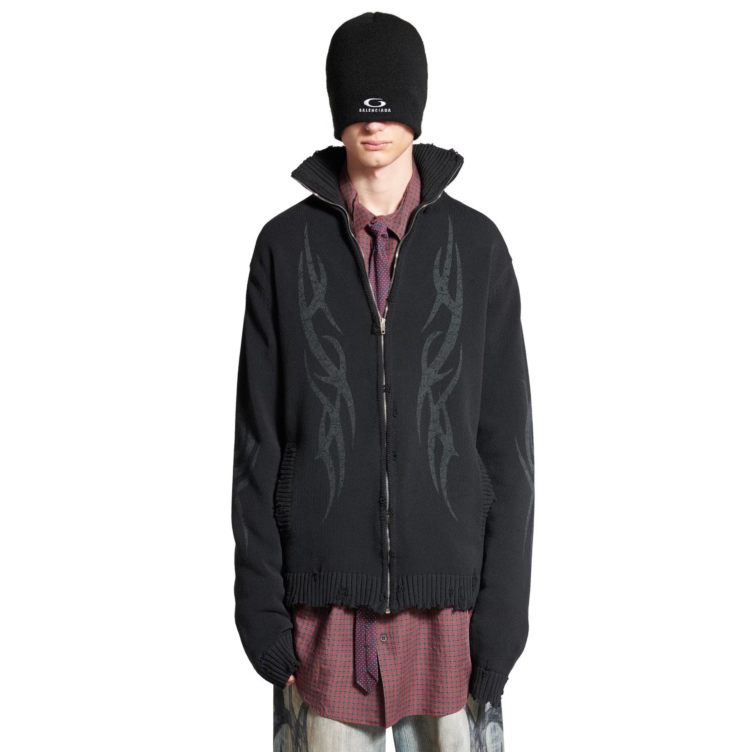 Men's Spring And Autumn Y2K Old High Neck Zipper Pattern Printed Black Long Sleeve Loose Knit Cardigan Jacket Ngvp #9479