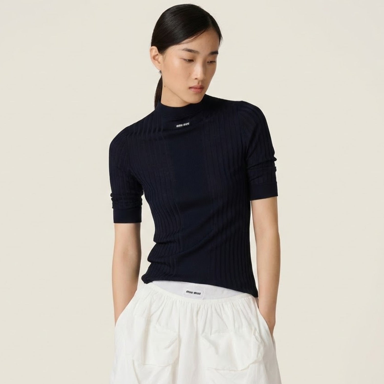 Women's Spring/Summer Ribbed Knit Wool Sweater Black Half-High Neck Short-Sleeve Slim-Fit Knit T-Shirt #194407