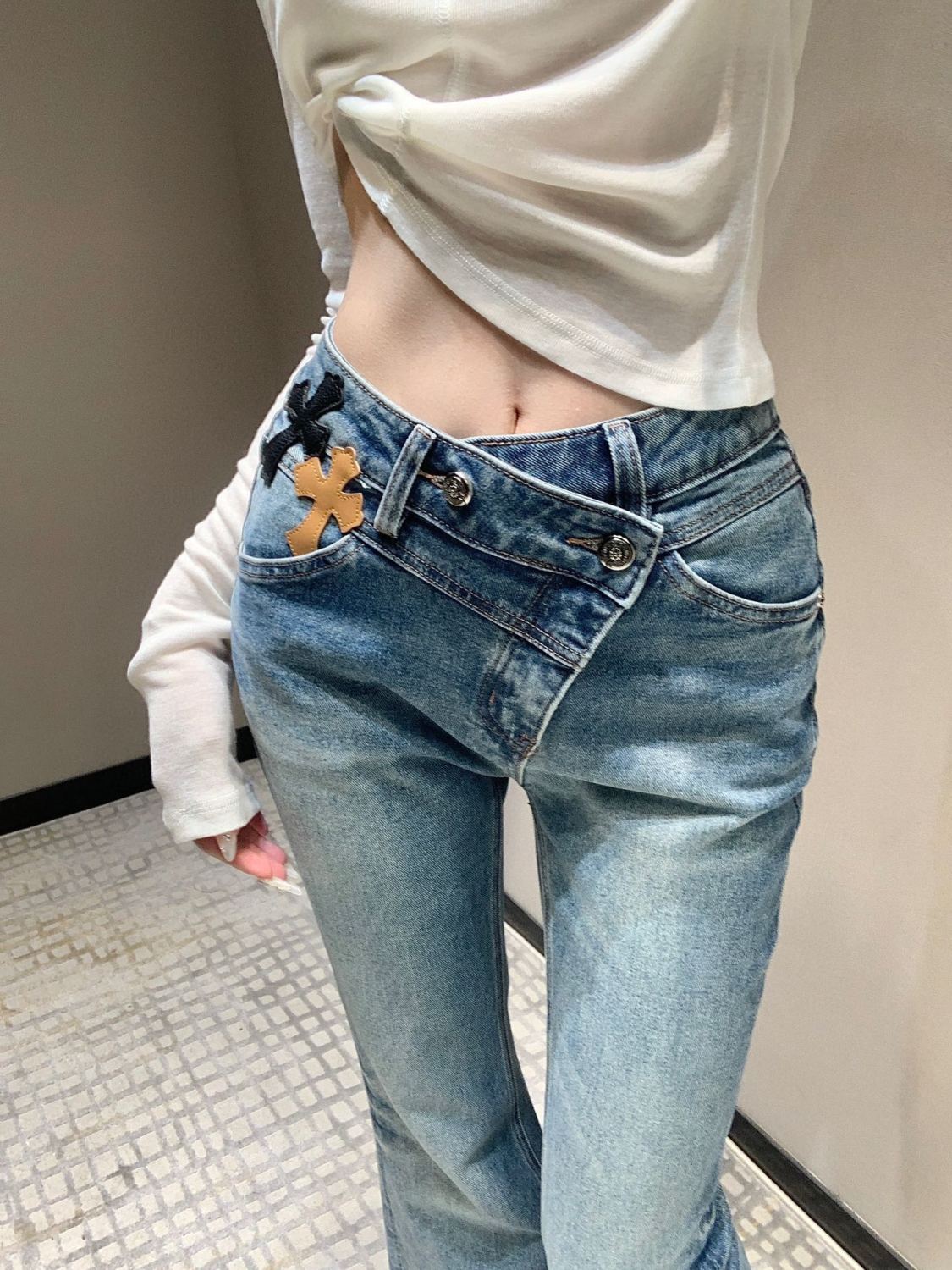 Women's Spring And Fall Blue High-waisted Thin Slim Stretch Flare Jeans Pants #73217