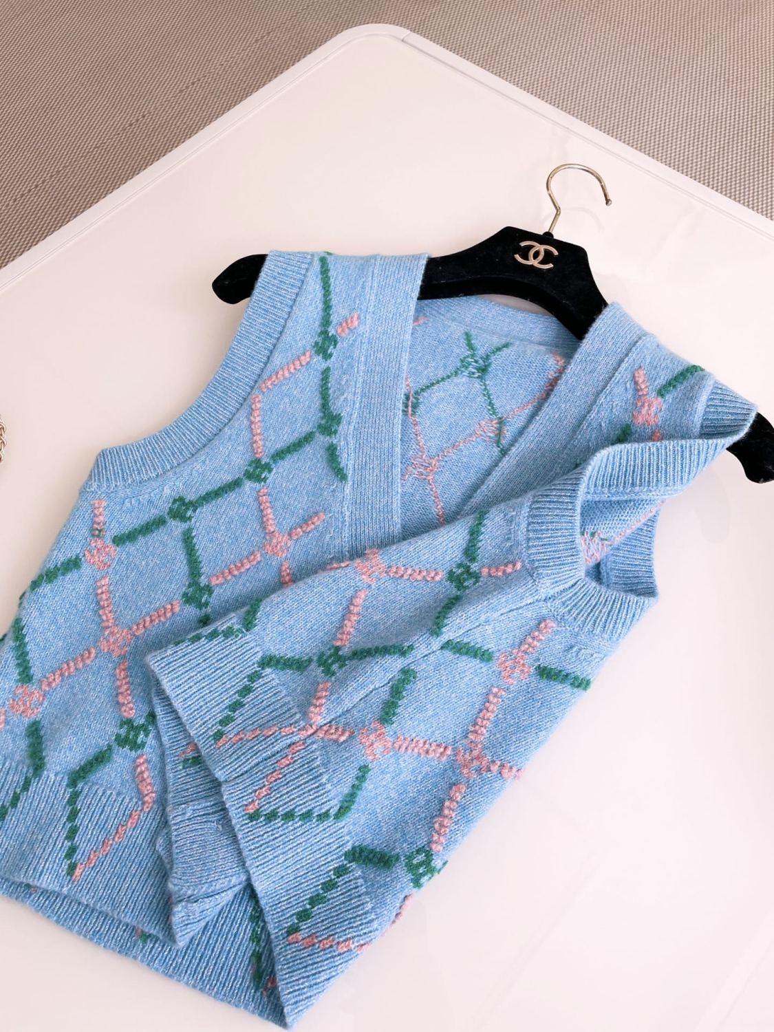 Women's Spring and Autumn Plaid Cashmere Crochet Two-color Knit Single-breasted Vest Jacket #73197