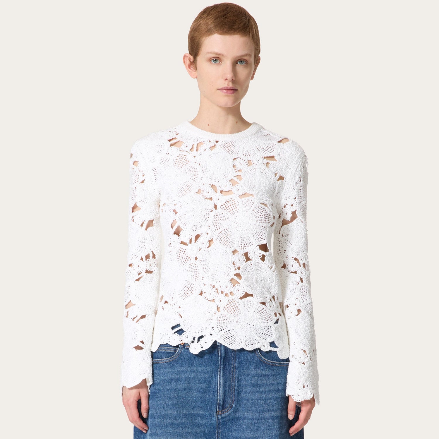 Women's Spring And Winter Knitted Embroidery Hollow Round Neck Cotton Solid Color Long Sleeve Sweater Ngvp #9416