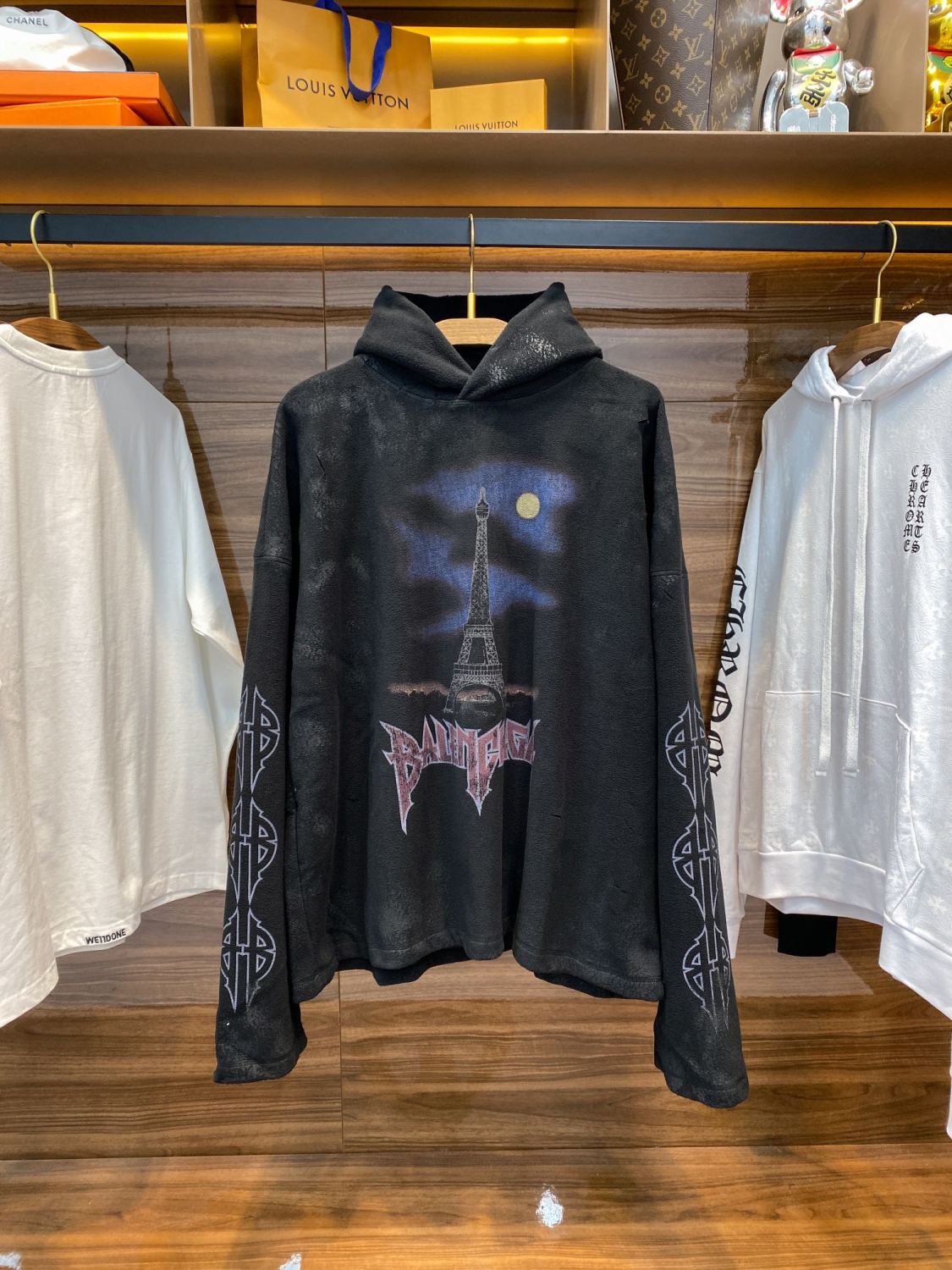 Men And Women With The Same Models Spring And Fall Do Old Do Fake Holes Washed Hooded Sweatshirt Pullover Paris Moon No Pocket Hoodie Oversized Black Faded #72926