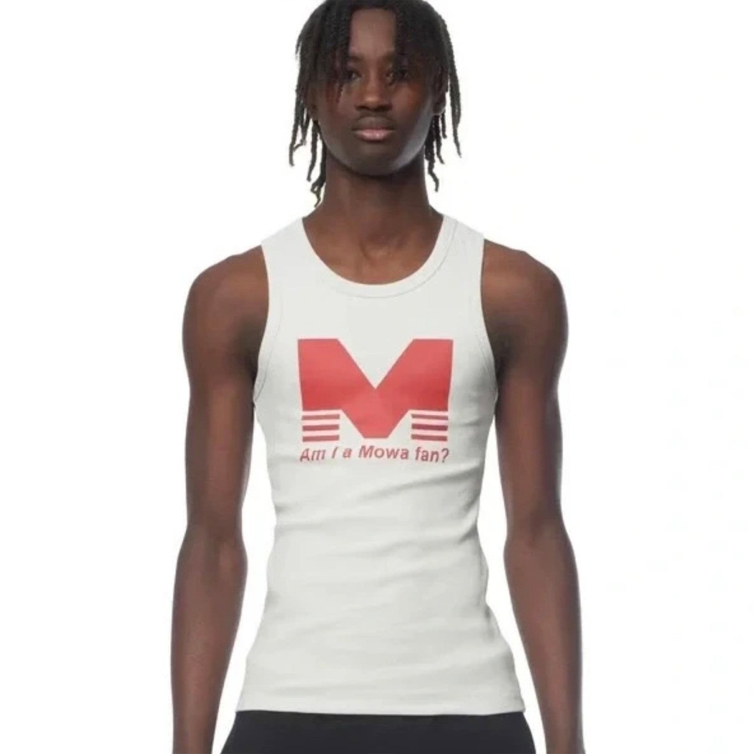 Mowalola Men's Spring Summer High Street Trend Stretch Retro Am I A Mowa Fan Slogan Printed Slim Vest Top White Fashion T-shirt Ngvp #2468