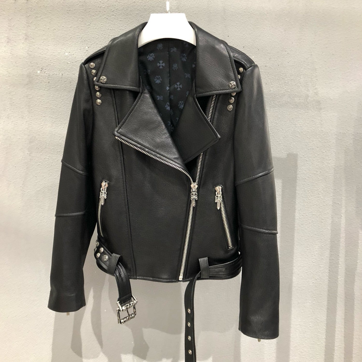 Women's Autumn and Winter Solid Color Slant Zipper Sheepskin Long Sleeve Lapel Biker Jacket #98463