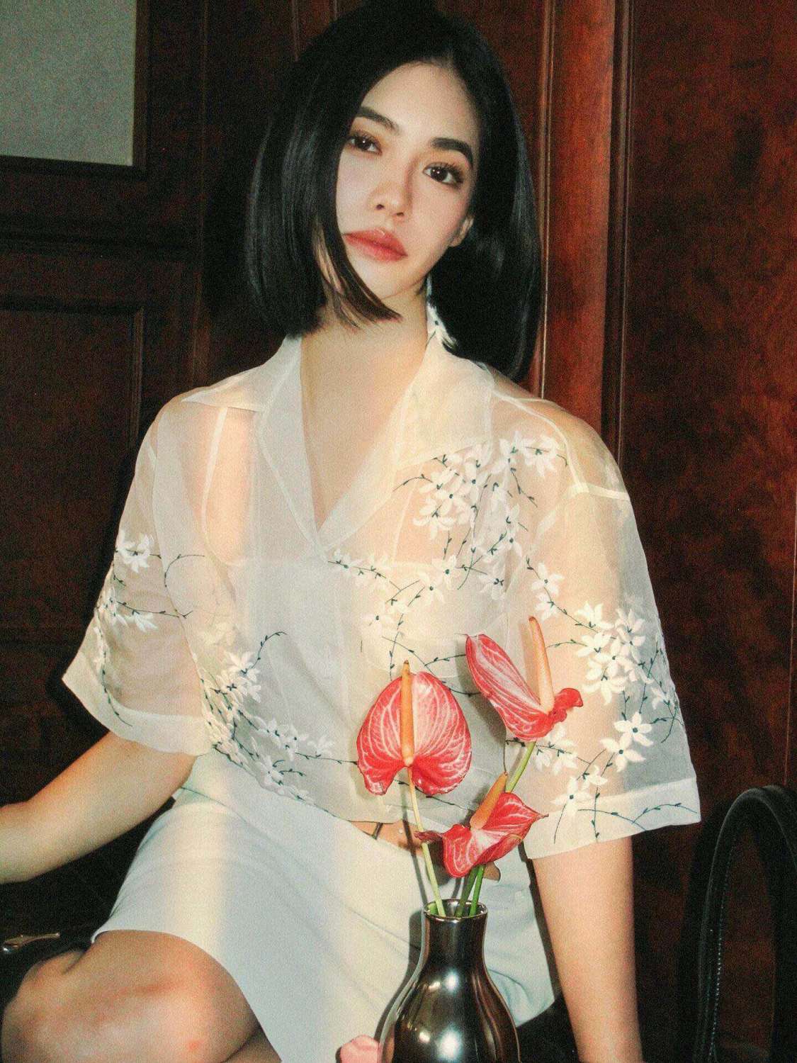 Women's Summer Floral Embroidery Lapel Loose Suspender Short Sleeve Two Piece Shirt Ngvp #8758