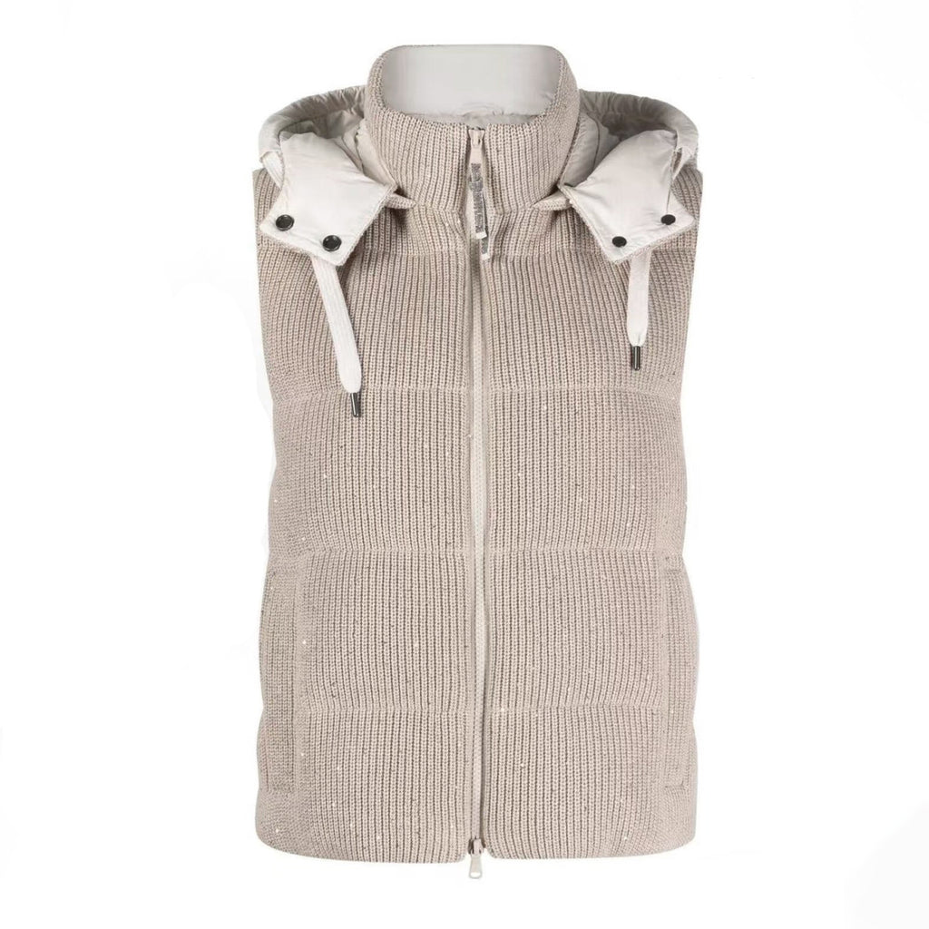 Women's Fall/winter Cotton British Ribbed Knit Down Vest Hooded Drawstring Sleeveless Jacket Ngvp #2417