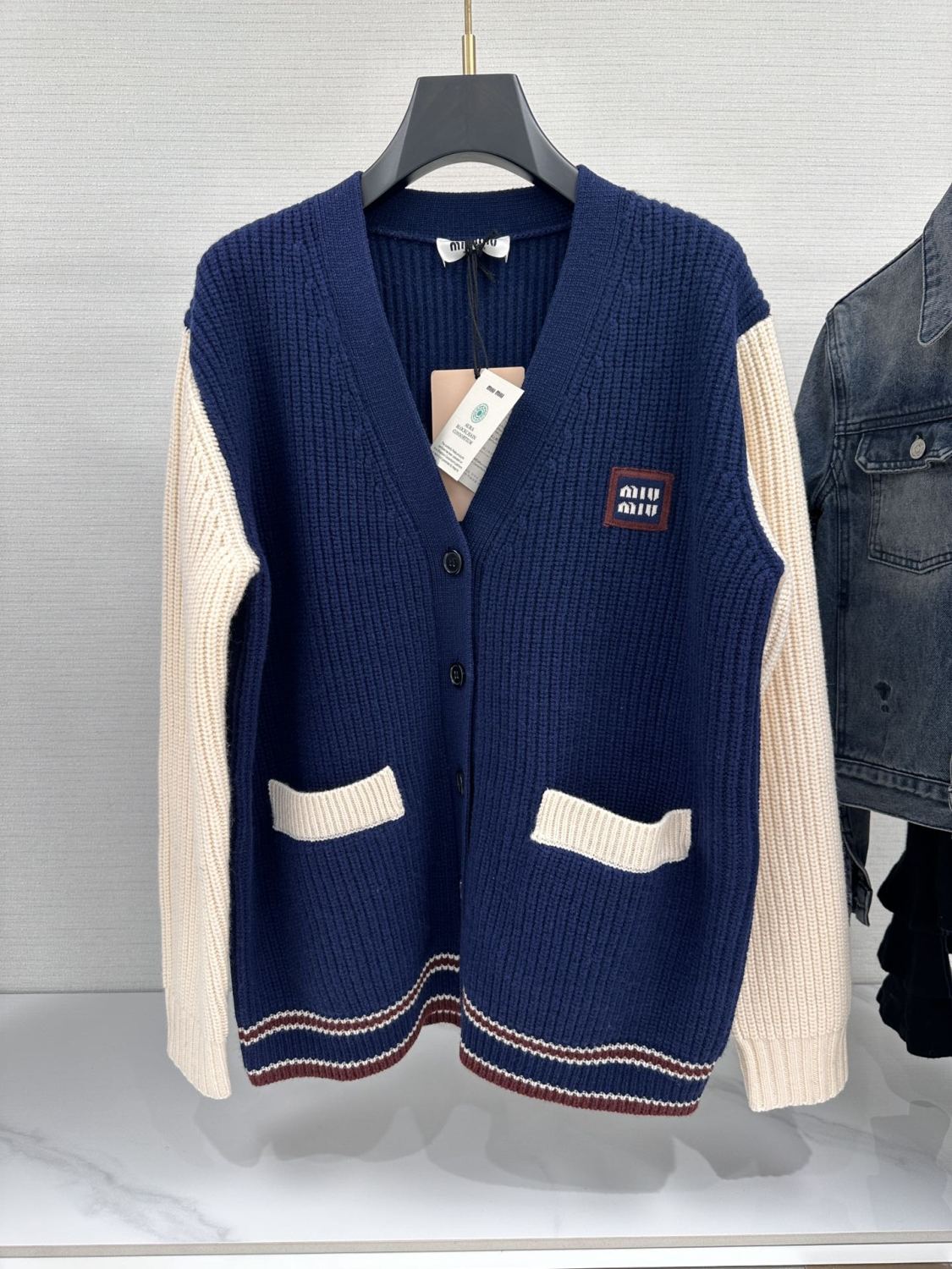 Women's Spring And Fall V-neck Blue And White Blended Knit Single Breasted Cashmere Sweater Jacket #74428