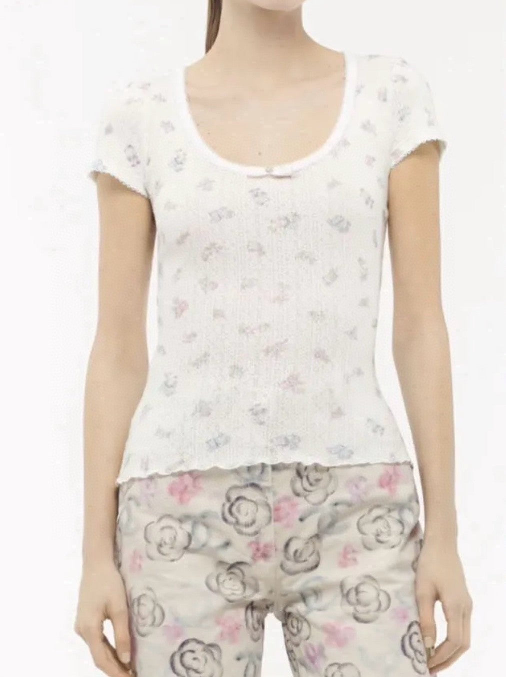 Women's Summer White Bow Rhinestone Hollow Lace Knit Short Sleeve Top T-Shirt #74474