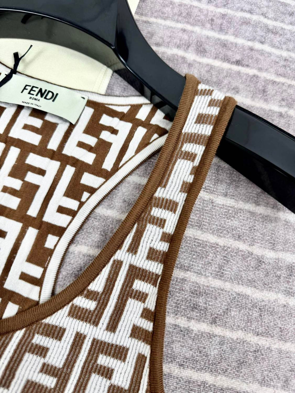 Women's Summer Brown FF Print Cotton Knit Top Fitted Sleeveless Vest #72933