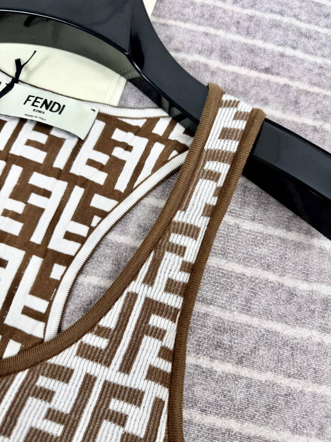 Women's Summer Brown FF Print Cotton Knit Top Fitted Sleeveless Vest #72933