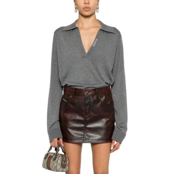 Women's Spring and Autumn Gray Letter V-Neck Loose Wool Long Sleeve Sweater #72845