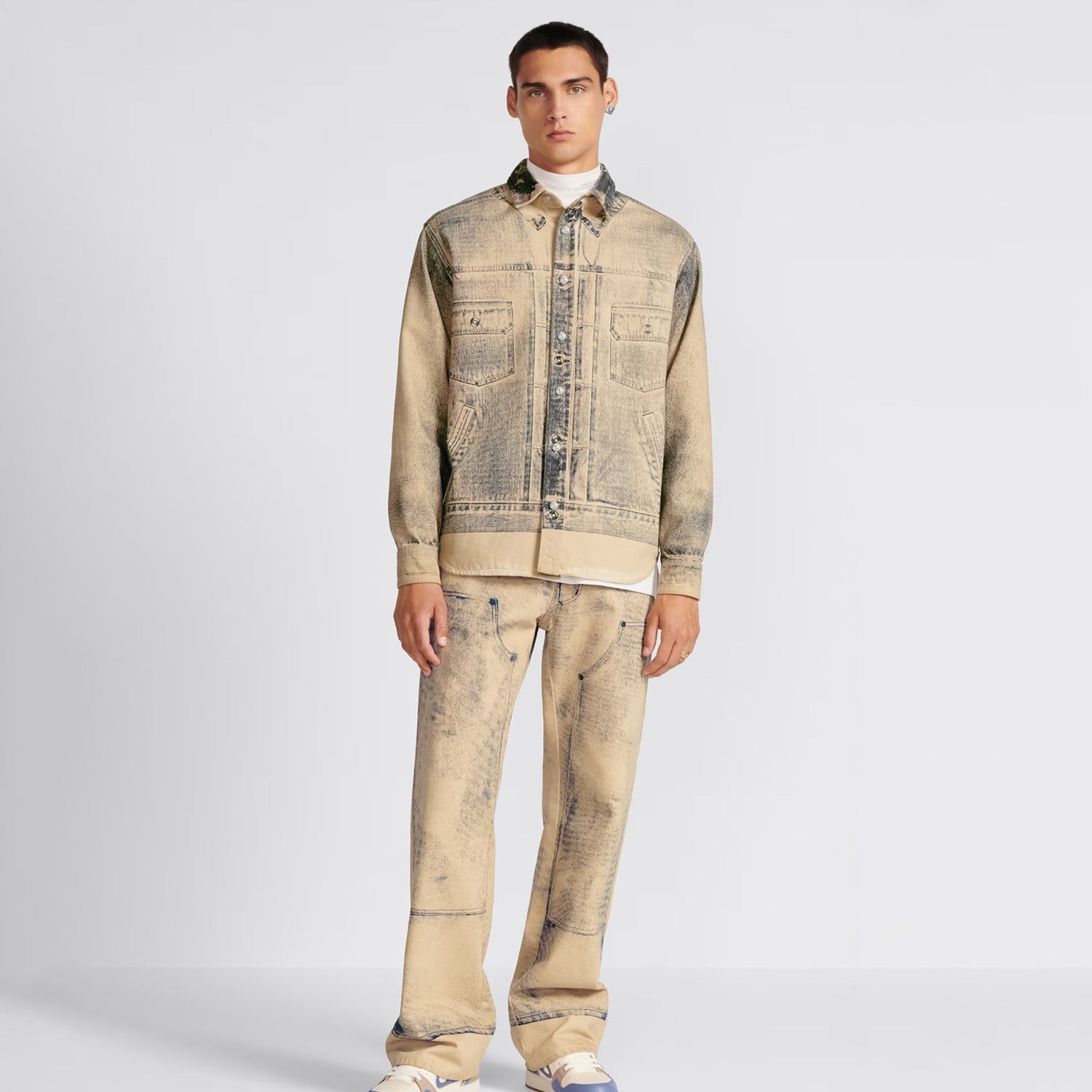 Men's Spring And Autumn Worn Lapel Button Cotton Long Sleeve Fit MKII-EFFECT Mkii-Effect Overshirt Printed Multi Pocket Pants Ngvp #7541