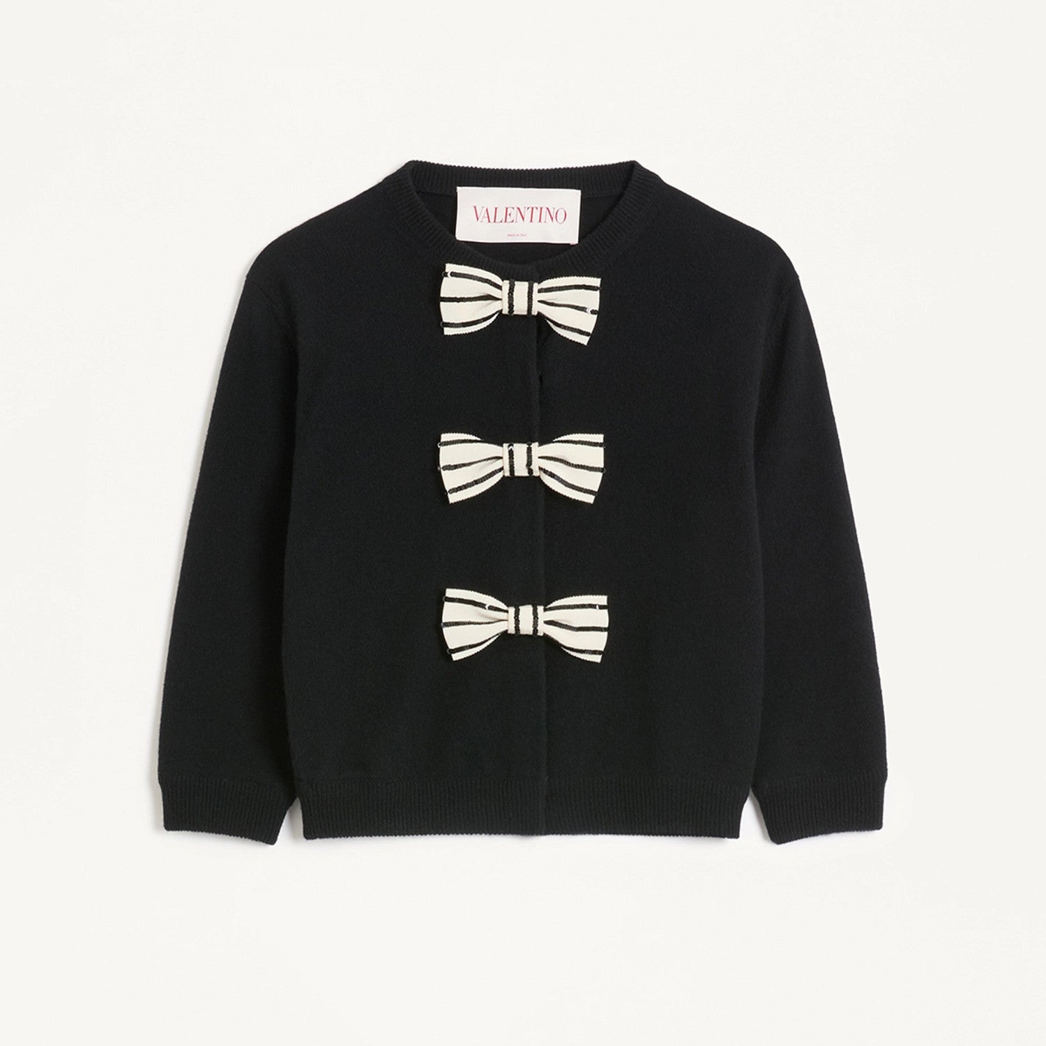 Women's Embroidery Bow Cardigan Black Wool Knit Medium Sleeve Round Neck Temperament Elegant Casual Top T-shirt Ngvp #1339