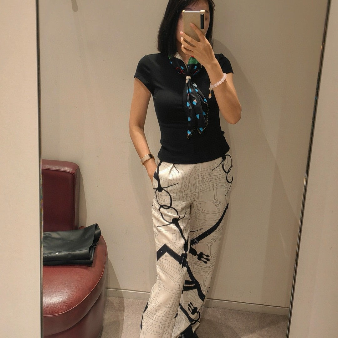 Women's Pattern Full Print Silk Mid-Rise Straight Leg Solid Color Casual Pants Ngvp #9635