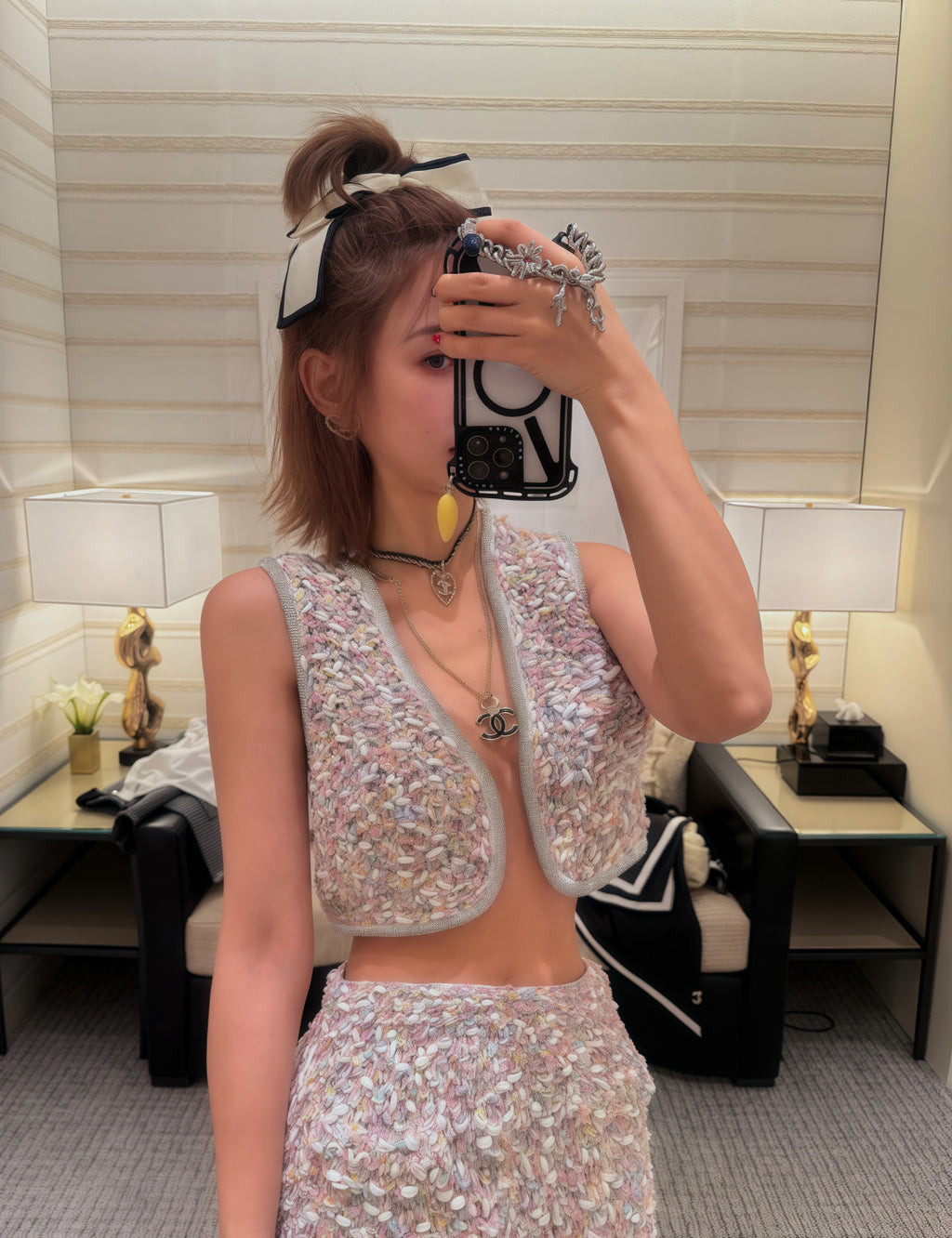 Women's Spring/Autumn Sequin Rhinestone Trim Logo Cardigan Solid Color Sleeveless Vest Ngvp #2267