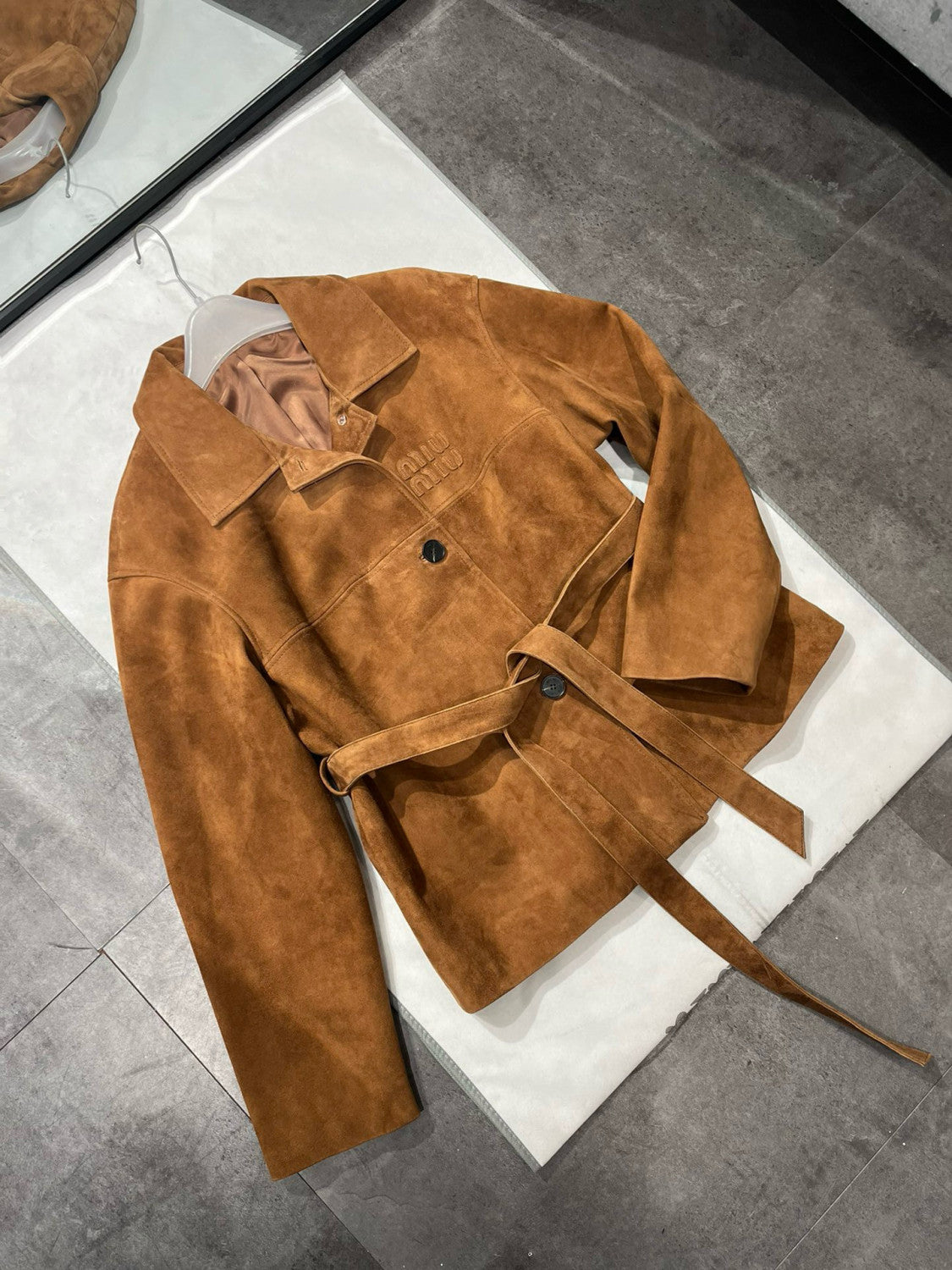 Women's Fall/Winter Brown Embossed Logo Lapel Suede Long Sleeve Jacket #98838