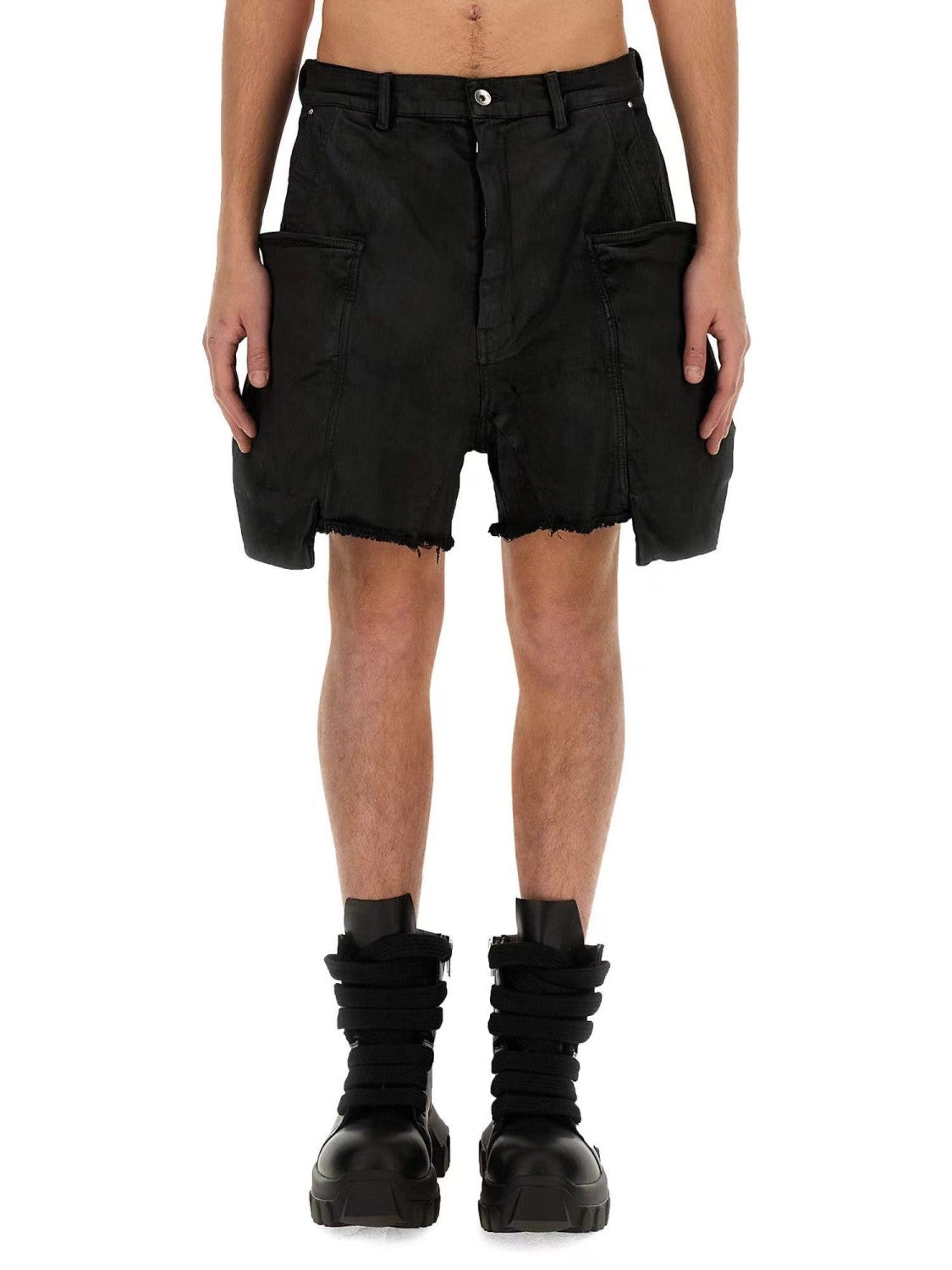 Men's Summer Mid Waist Zipper Loose Straight Waxed Casual Black Multi-Pocket Shorts Ngvp #8661