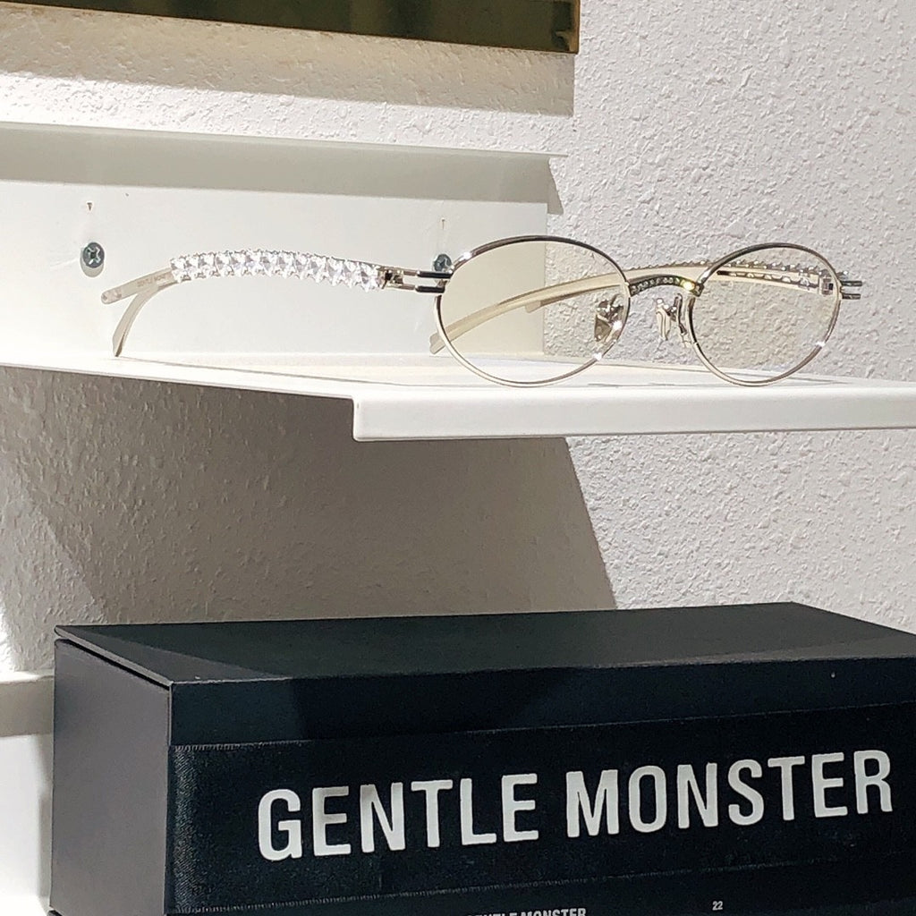 Gentle Monster Jennie - Barrette 02 Women's Fashion Jentle Salon Collection Sunglasses Oval Silver Diamond Metal Frame Trendy Eyewear Glasses  Accessories Ngvp #9242