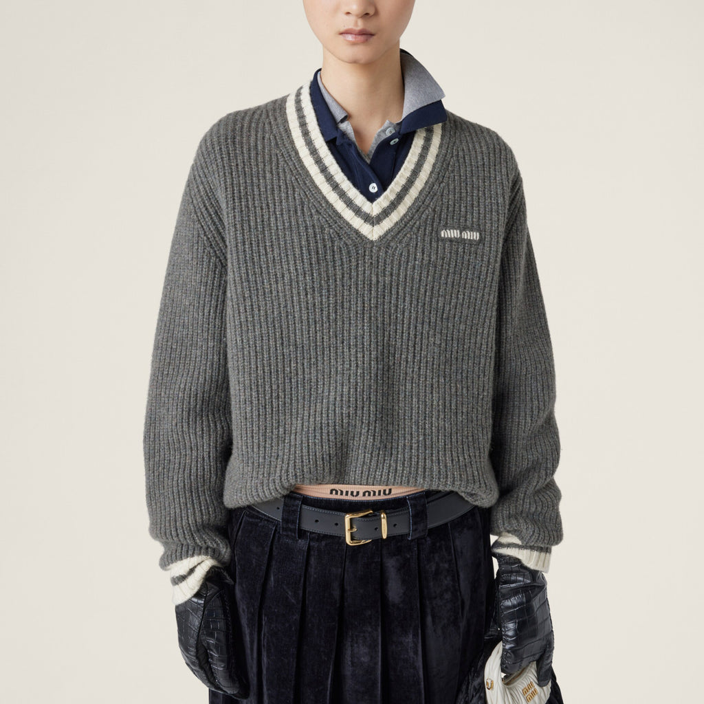 Women's Spring and Autumn Letter Printed V-Neck Casual Long Sleeve Cashmere Sweater Top #75114