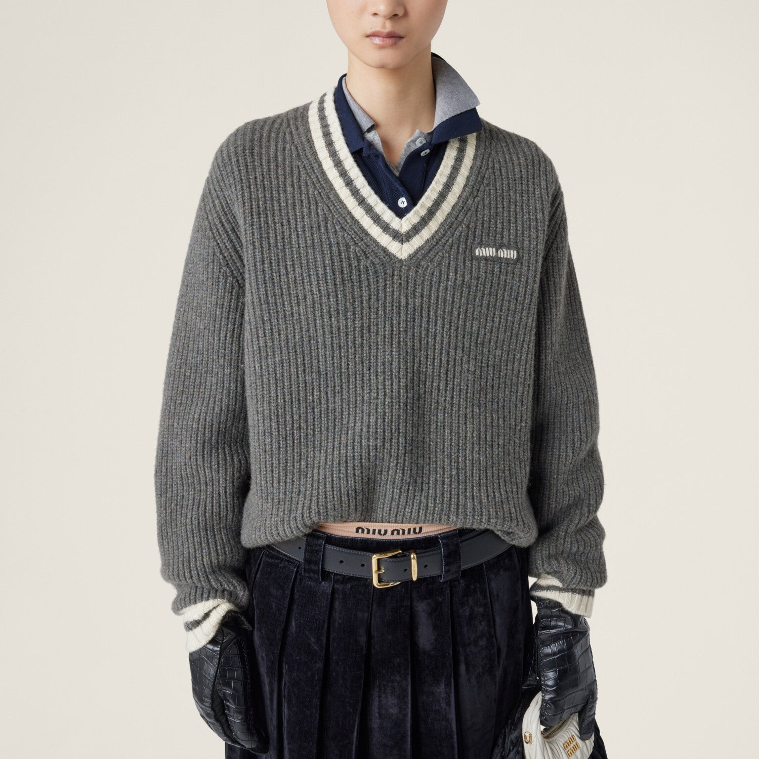 Women's Spring and Autumn Letter Printed V-Neck Casual Long Sleeve Cashmere Sweater Top #75114