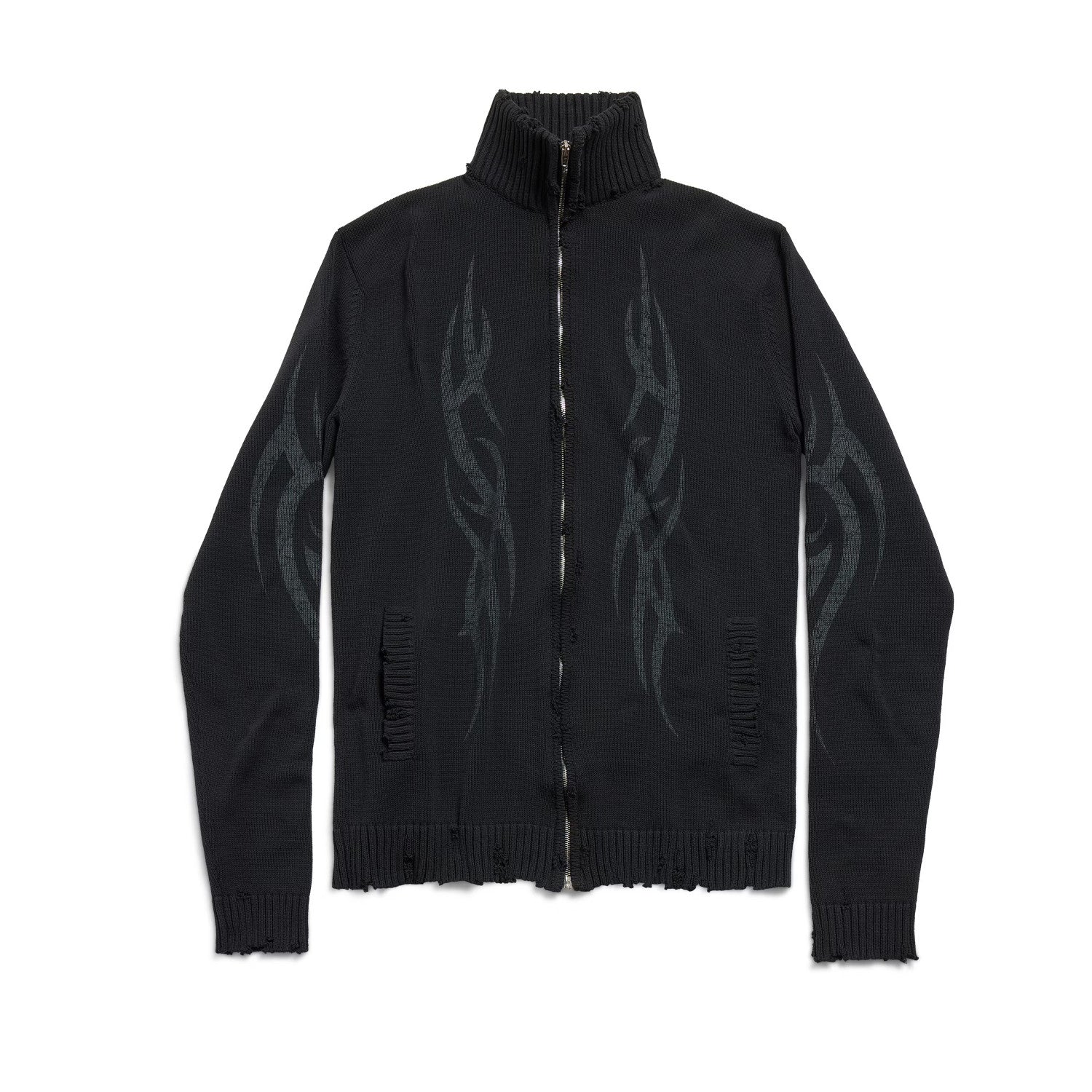 Men's Spring And Autumn Y2K Old High Neck Zipper Pattern Printed Black Long Sleeve Loose Knit Cardigan Jacket Ngvp #9479